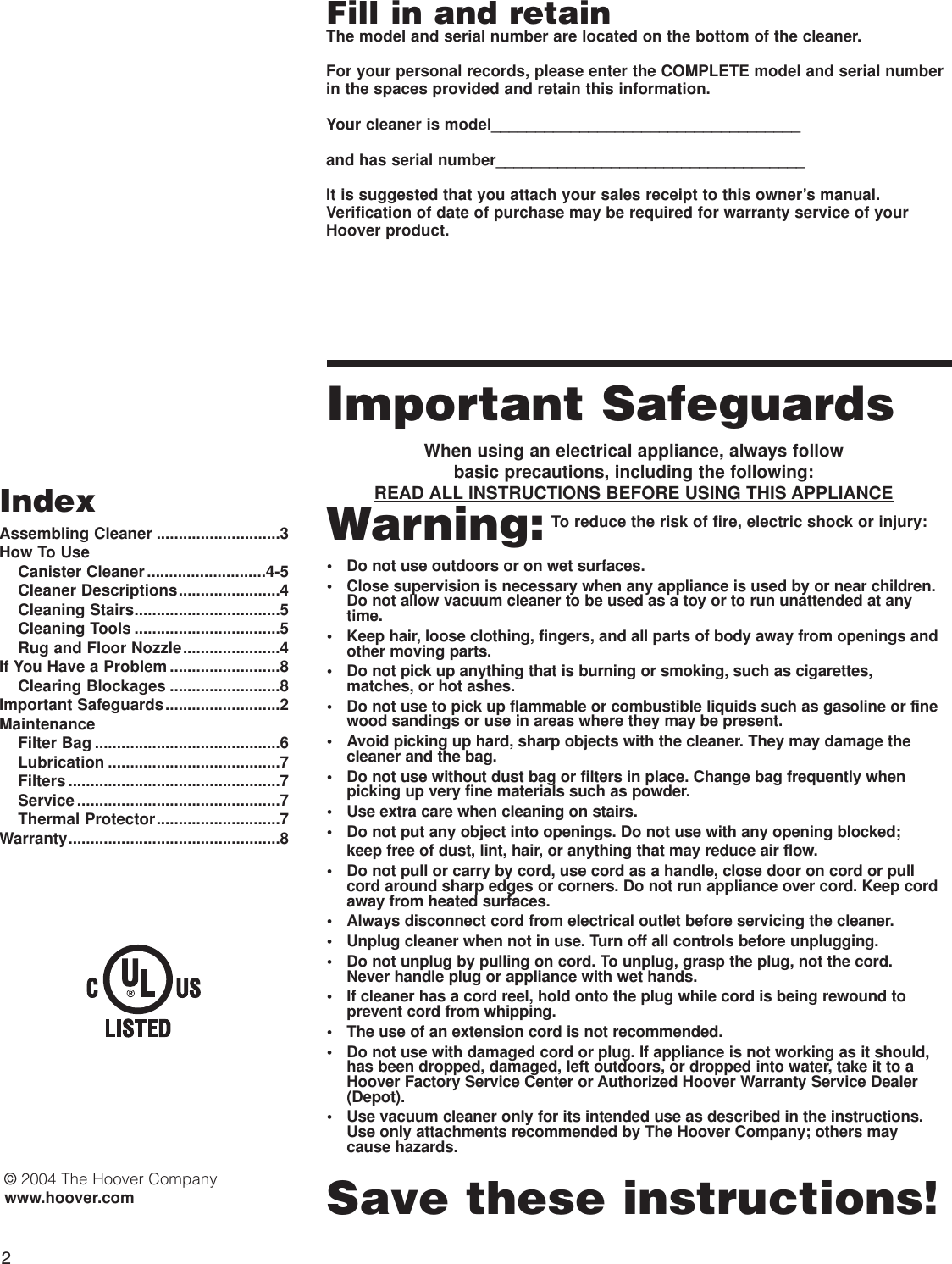 Page 2 of 9 - Hoover Hoover-S1361-Owner-S-Manual S1361 Canister