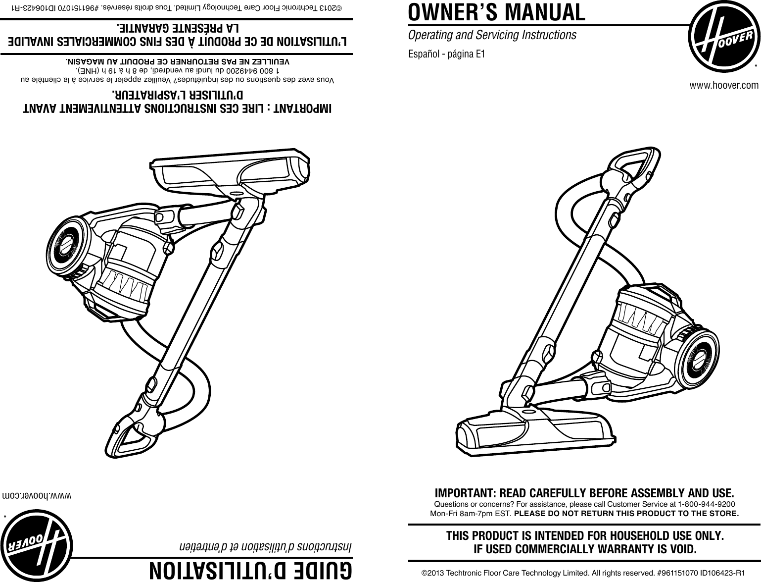 Hoover Sh40070 Windtunnel Air Bagless Canister Owners Manual
