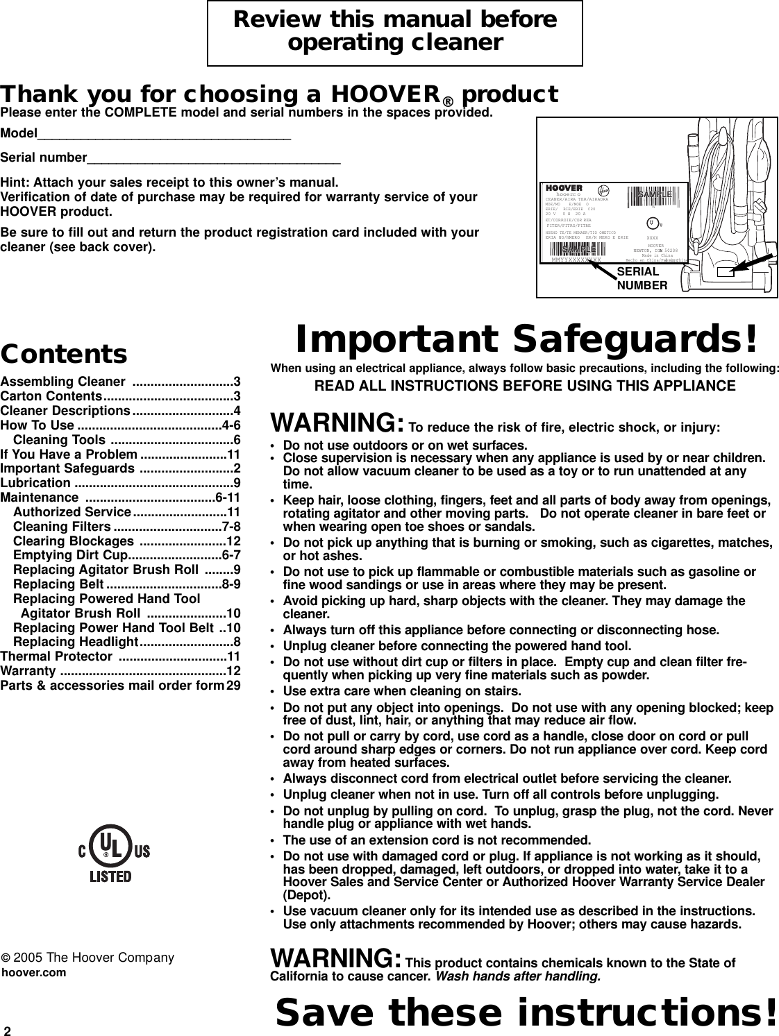 Page 2 of 12 - Hoover Hoover-Uh70060-Owner-S-Manual U5180900 Fusion