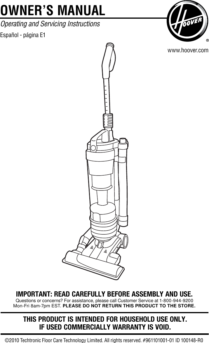 Hoover Uh70400 Windtunnel Air Bagless Upright Owners Manual