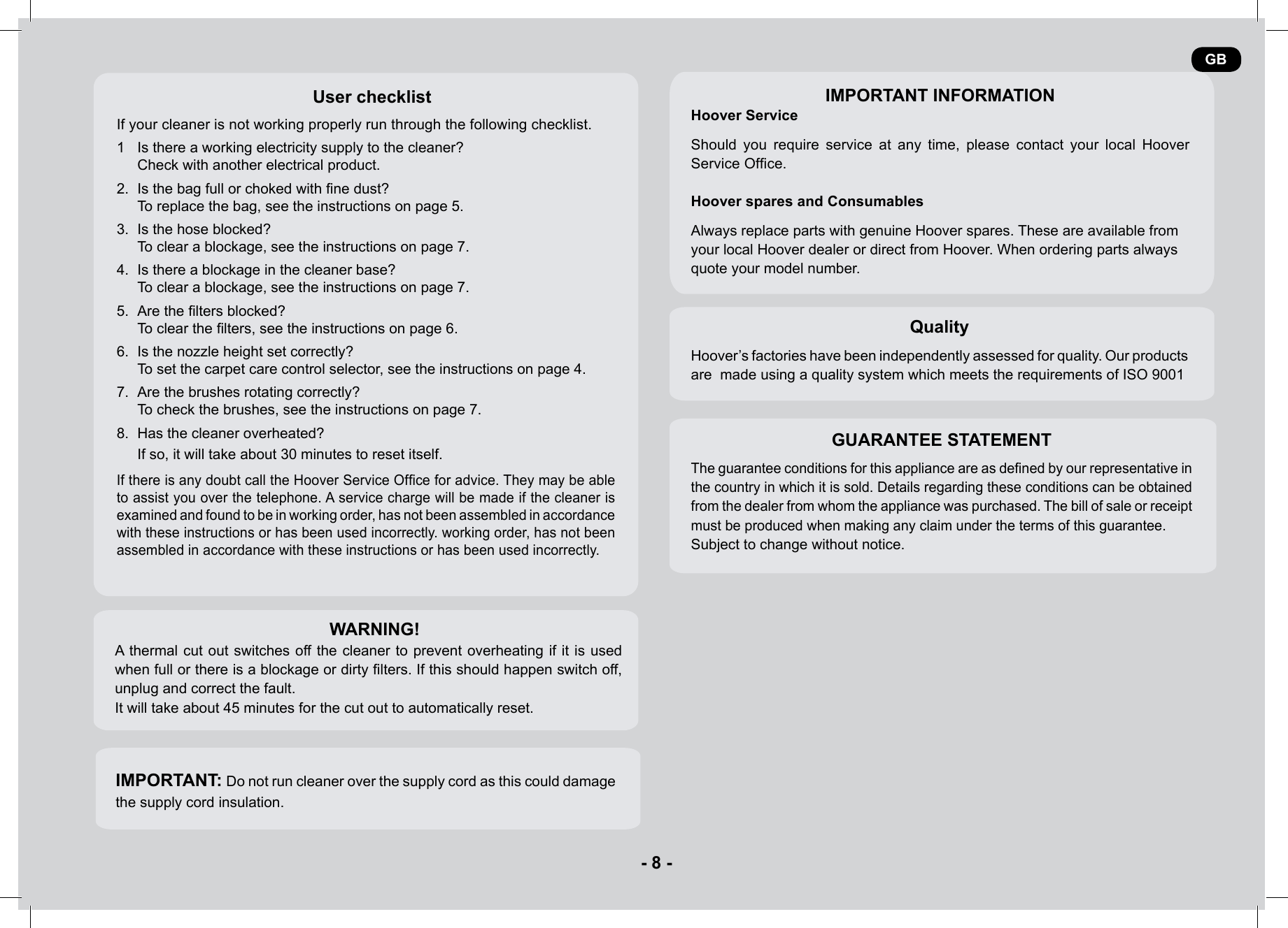 Page 8 of 9 - Hoover Enigma Bagged Upright Vacuum Cleaner PU31EN10 Instruction Manual - Product Code 39100507 PU31EN01-EN02