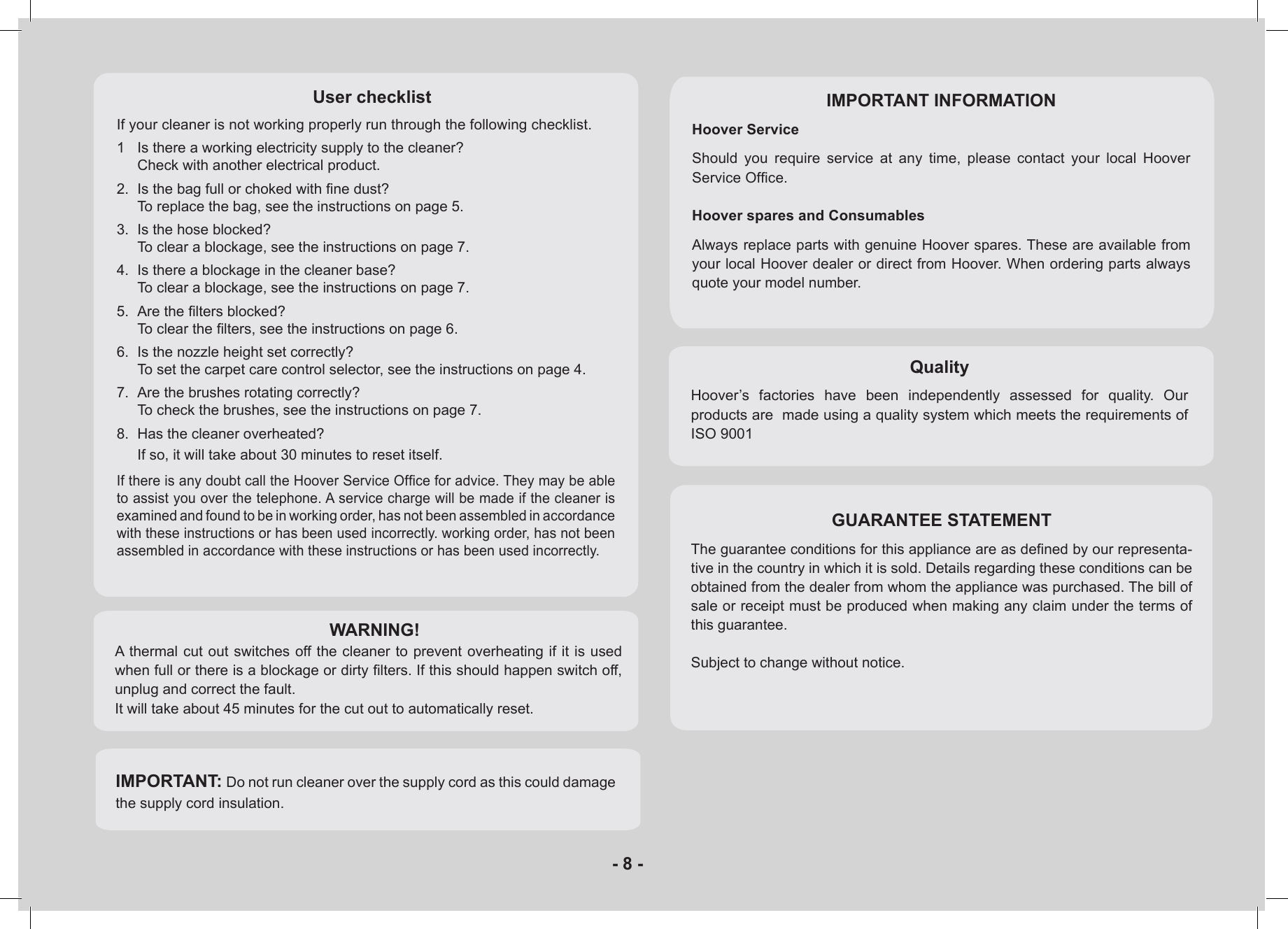 Page 8 of 10 - Hoover Enigma Bagged Pets Upright Vacuum Cleaner PU71EN01 Instruction Manual - Product Code 39100390 PU71 EN01 PU01