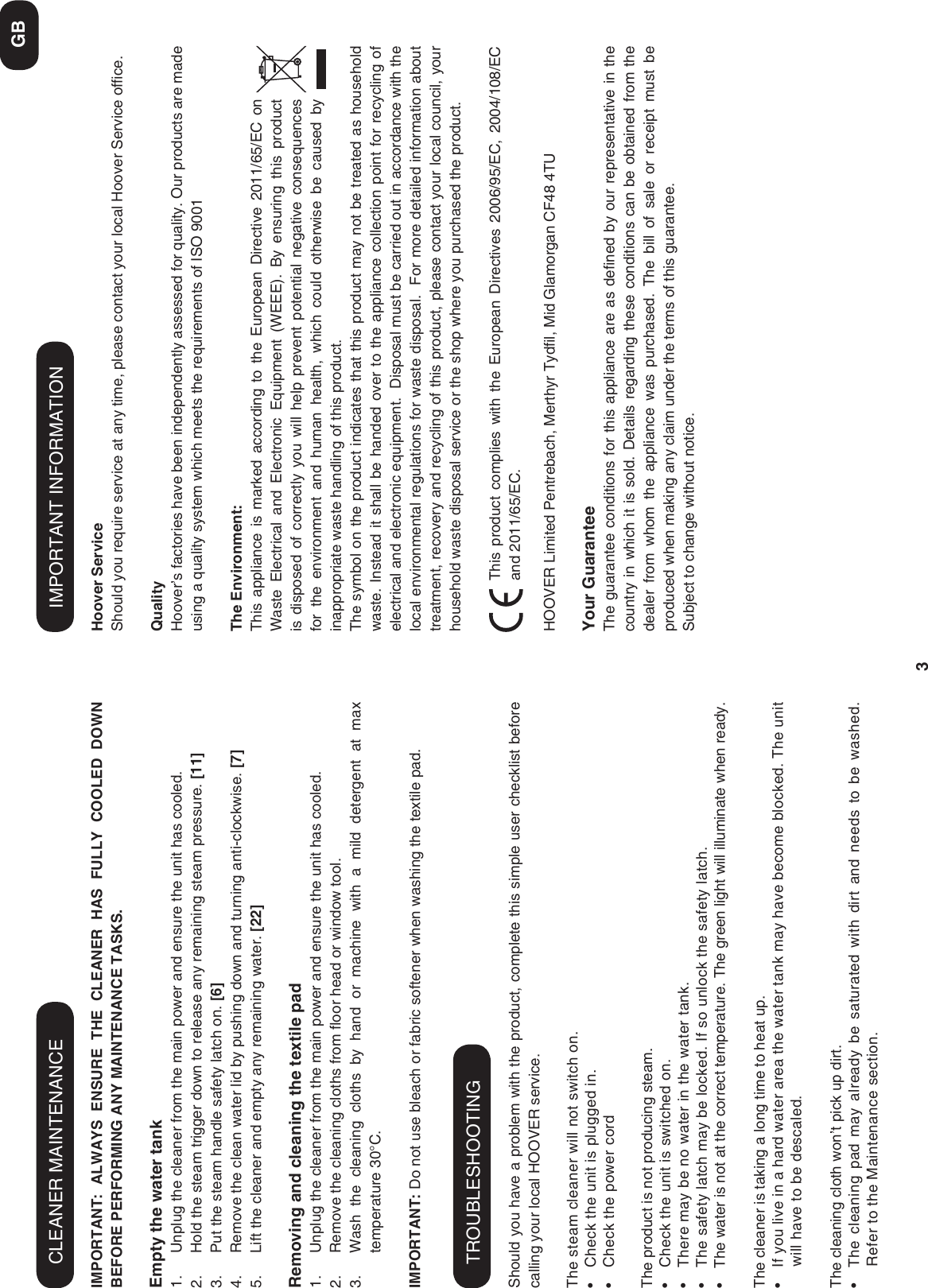 Page 5 of 5 - Hoover Steam Cleaning SteamJet Cylinder Cleaner SCMA1500 Instruction Manual - Product Code 39600136 SCM1500-UK-steam-jet-cyl