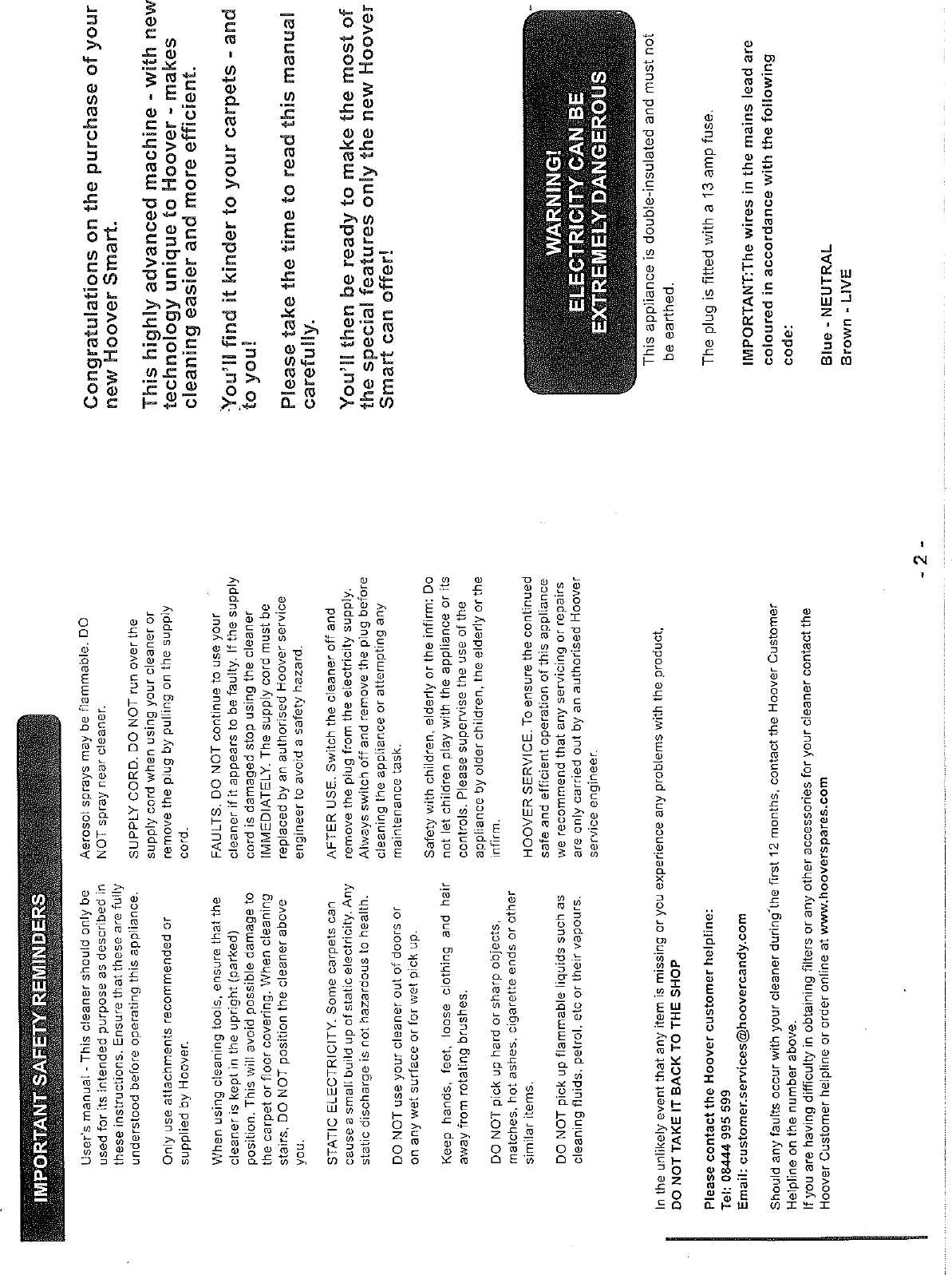 Page 2 of 10 - Hoover Smart Pets Upright Vacuum Cleaner SM1901 Instruction Manual - Product Code 39100239