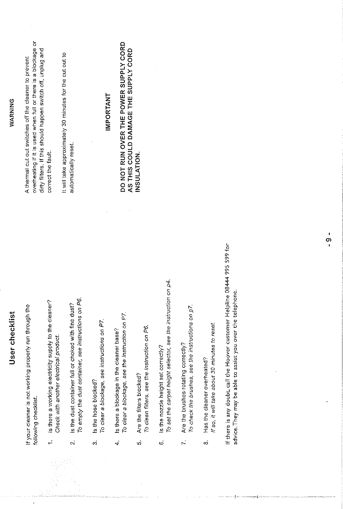 Page 9 of 10 - Hoover Smart Pets Upright Vacuum Cleaner SM1901 Instruction Manual - Product Code 39100239