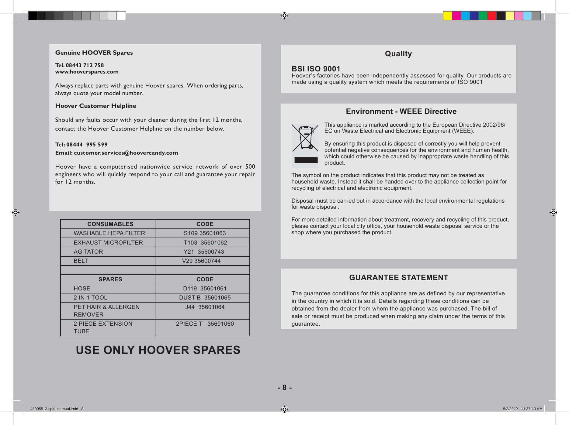 Page 8 of 10 - Hoover Spirit Upright Vacuum Cleaner SP2101 Instruction Manual - Product Code 39100323