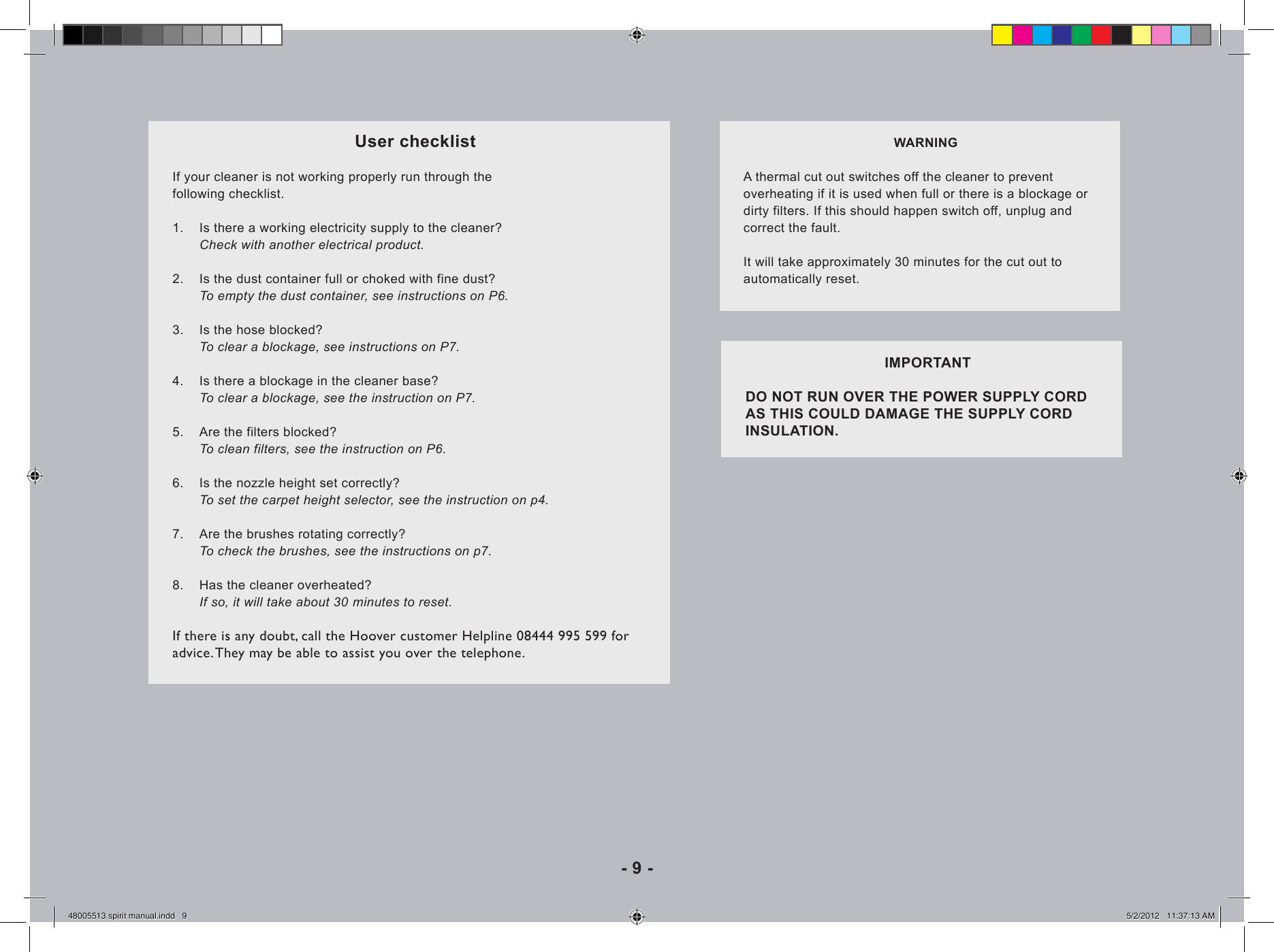 Page 9 of 10 - Hoover Spirit Upright Vacuum Cleaner SP2101 Instruction Manual - Product Code 39100323