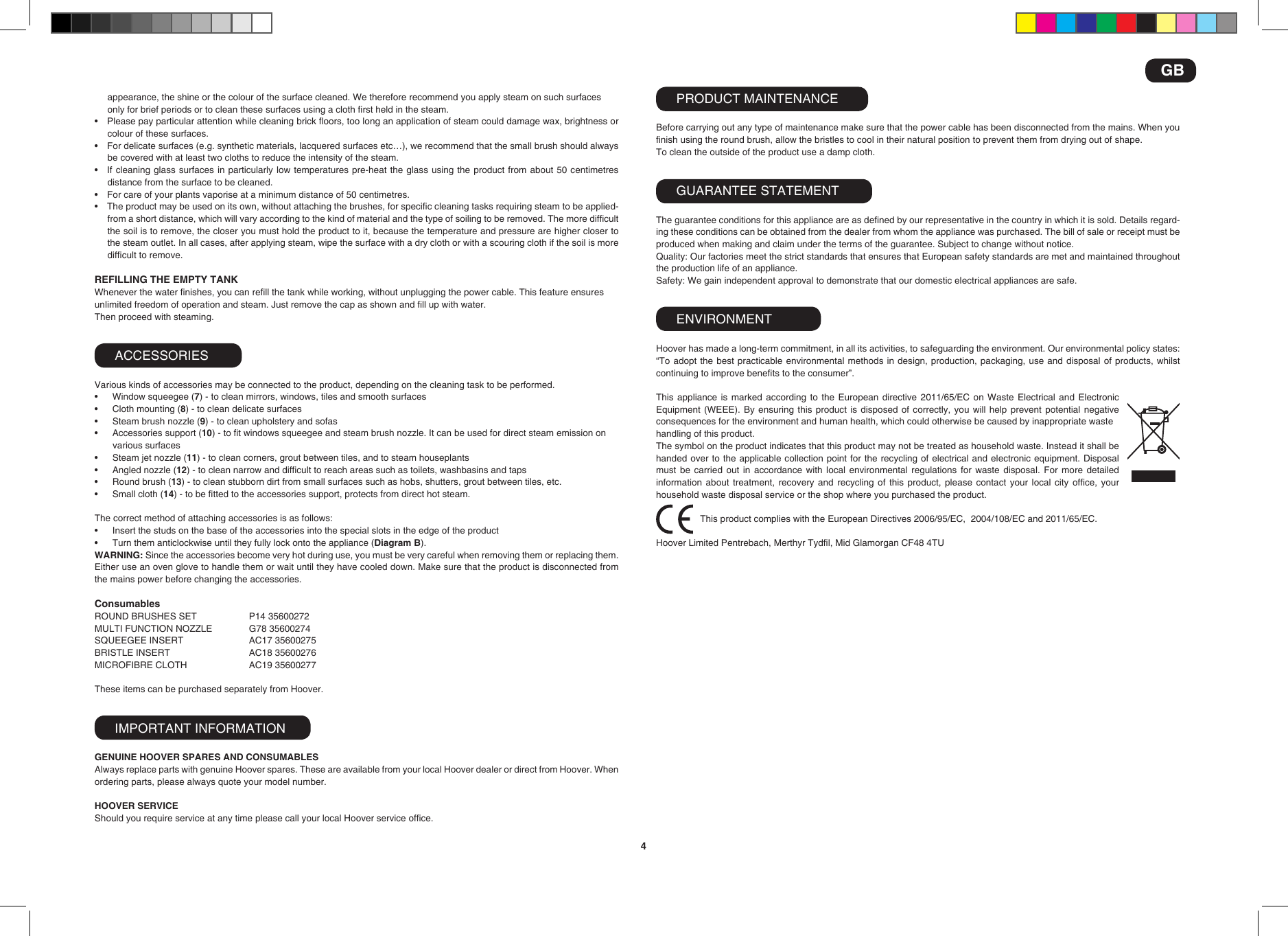 Page 4 of 4 - Hoover Steamjet Handy For UK Cover Instruction Manual SSNH1300