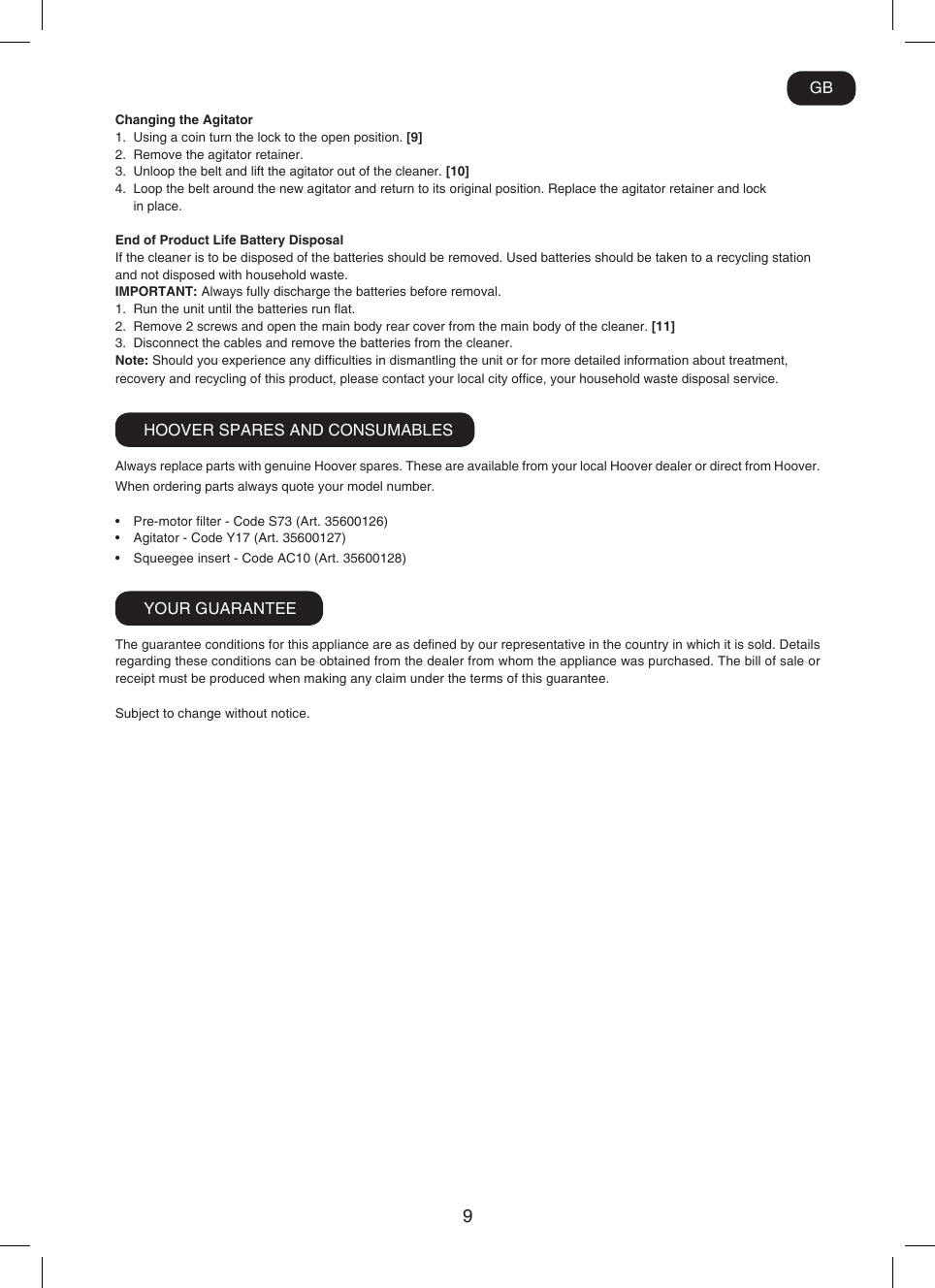 Page 10 of 11 - Hoover Flexi Power 20.4v Cordless Stick Vacuum Cleaner SU204BR2 Instruction Manual - Product Code 39400218 SU204BG2