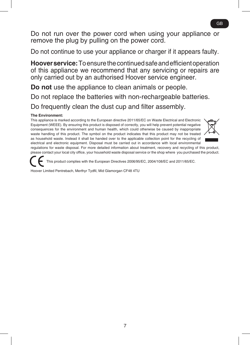 Page 8 of 11 - Hoover Flexi Power 20.4v Cordless Stick Vacuum Cleaner SU204BR2 Instruction Manual - Product Code 39400218 SU204BG2