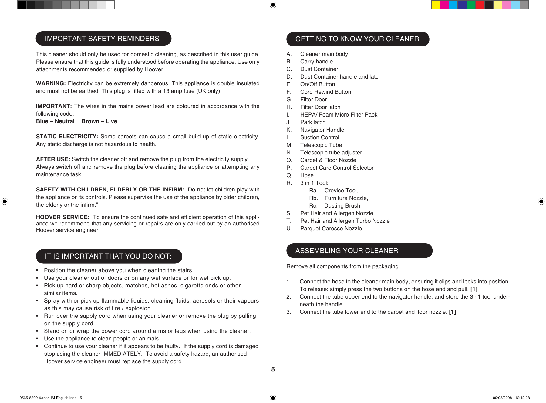 Page 5 of 10 - Hoover Vacuum Cleaner Xarion Allergy Care Plus TAV1620 Instruction Manual - Product Code 39000490