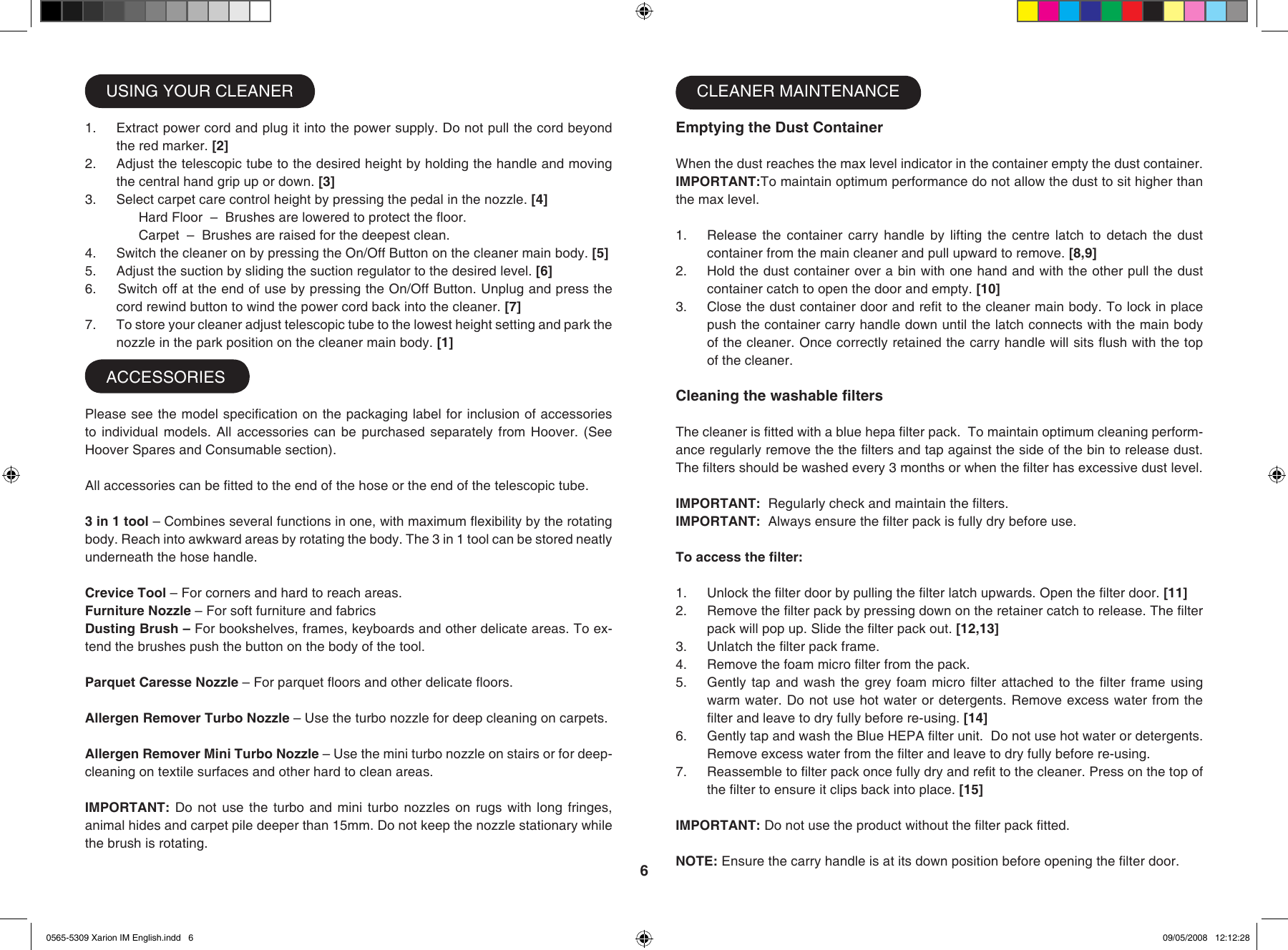 Page 6 of 10 - Hoover Vacuum Cleaner Xarion Allergy Care Plus TAV1620 Instruction Manual - Product Code 39000490