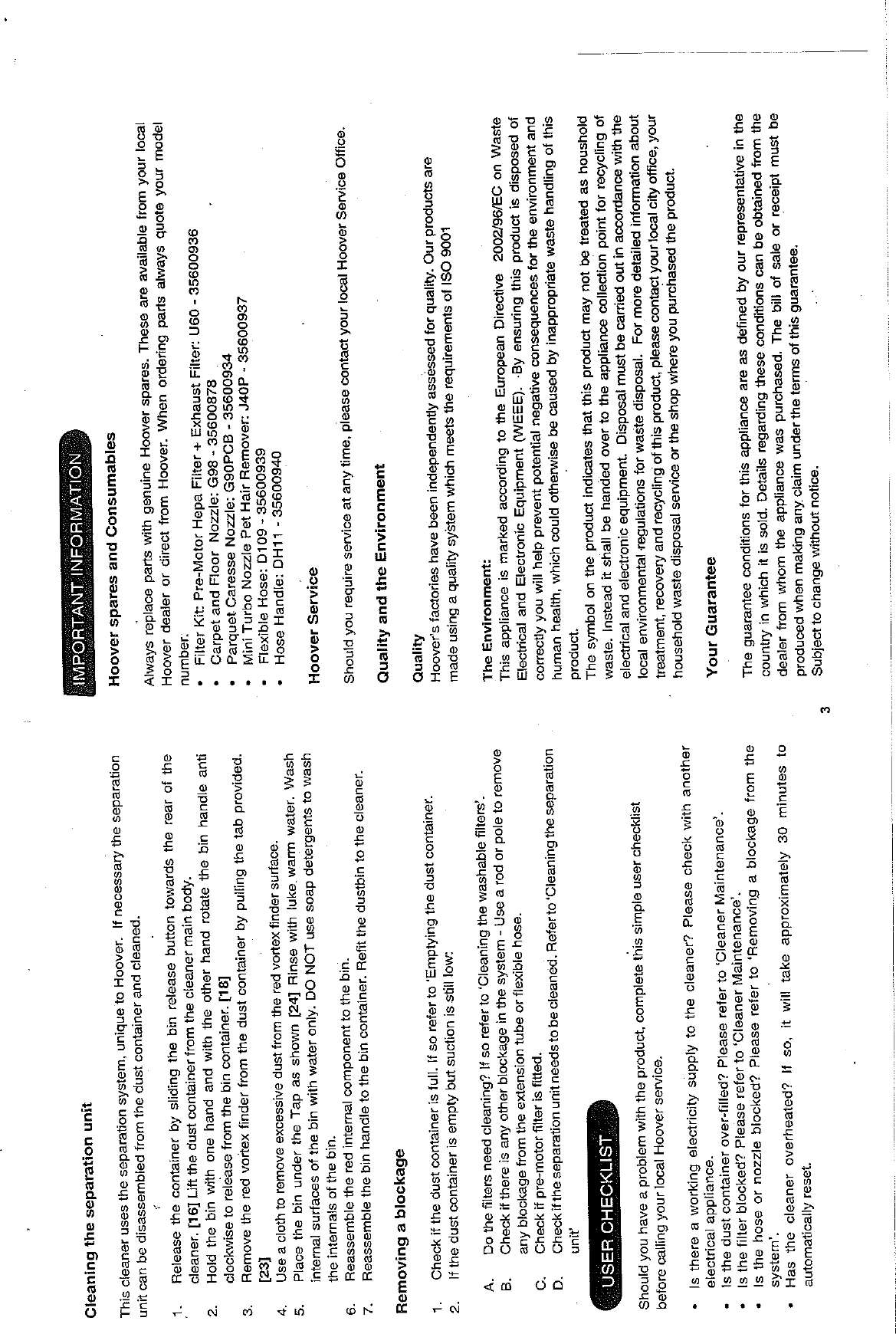 Page 7 of 8 - Hoover Vacuum Cleaner Rush Pets TCR4213 Instruction Manual - Product Code 39000616 TCR4233