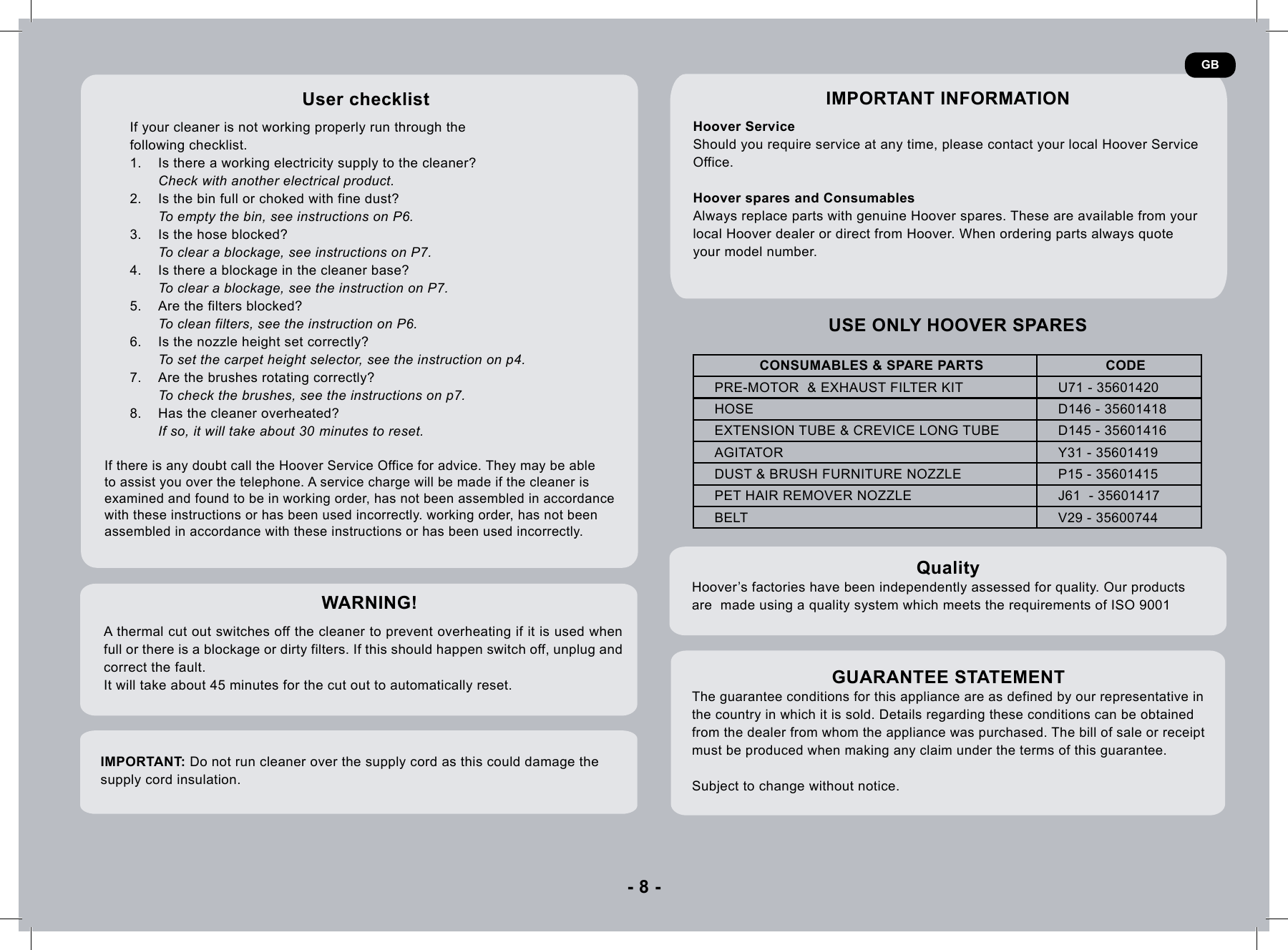 Page 8 of 9 - Hoover Vacuum Cleaner Vortex Evo TH31 VO01 Instruction Manual - Product Code 39100486 TH31-VO-TH31-BO-10-and-20-mods