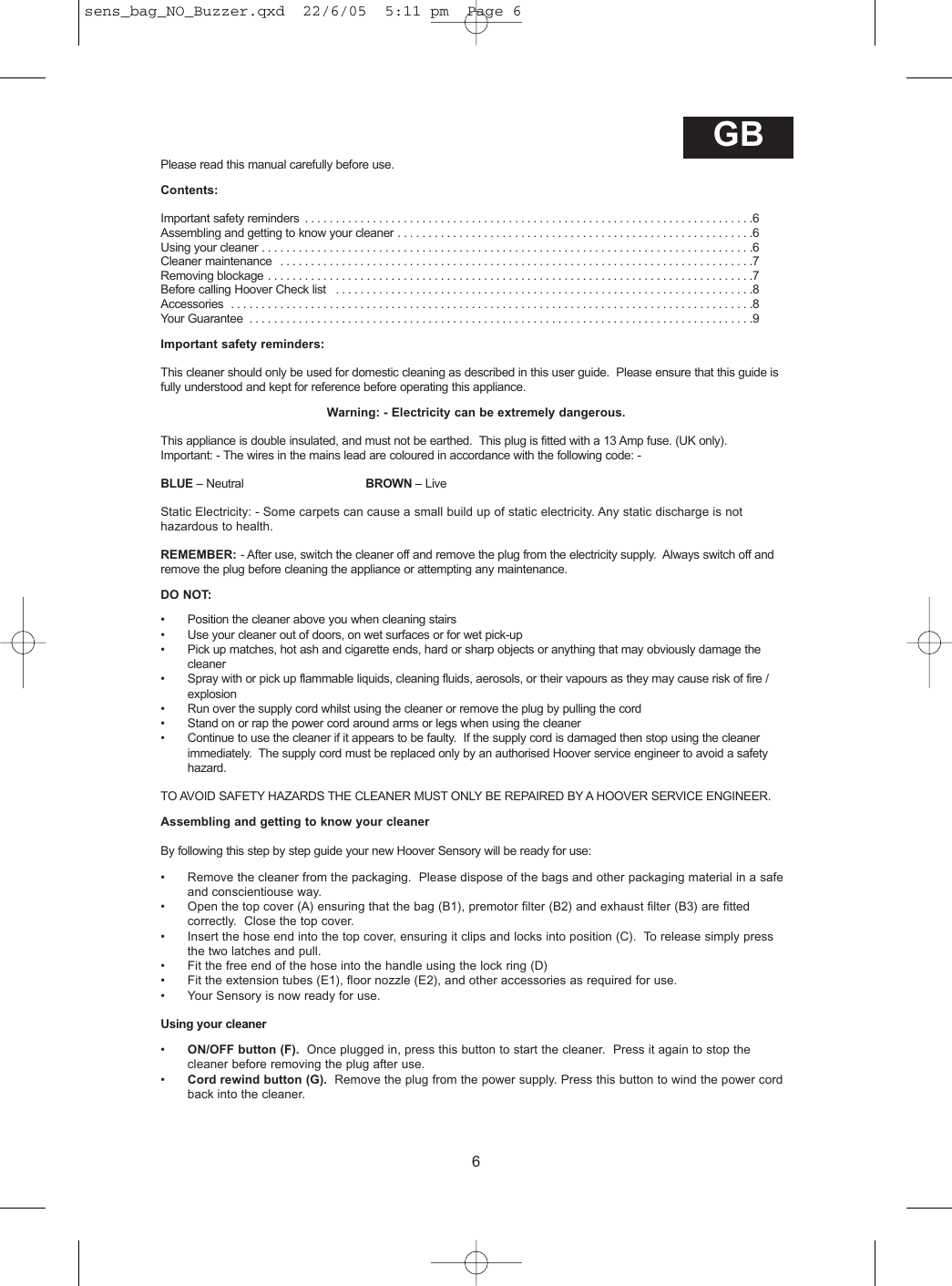 Page 6 of 9 - Hoover Vacuum Cleaner Sensory Allergy TS2061 Instruction Manual - Product Code 39000334