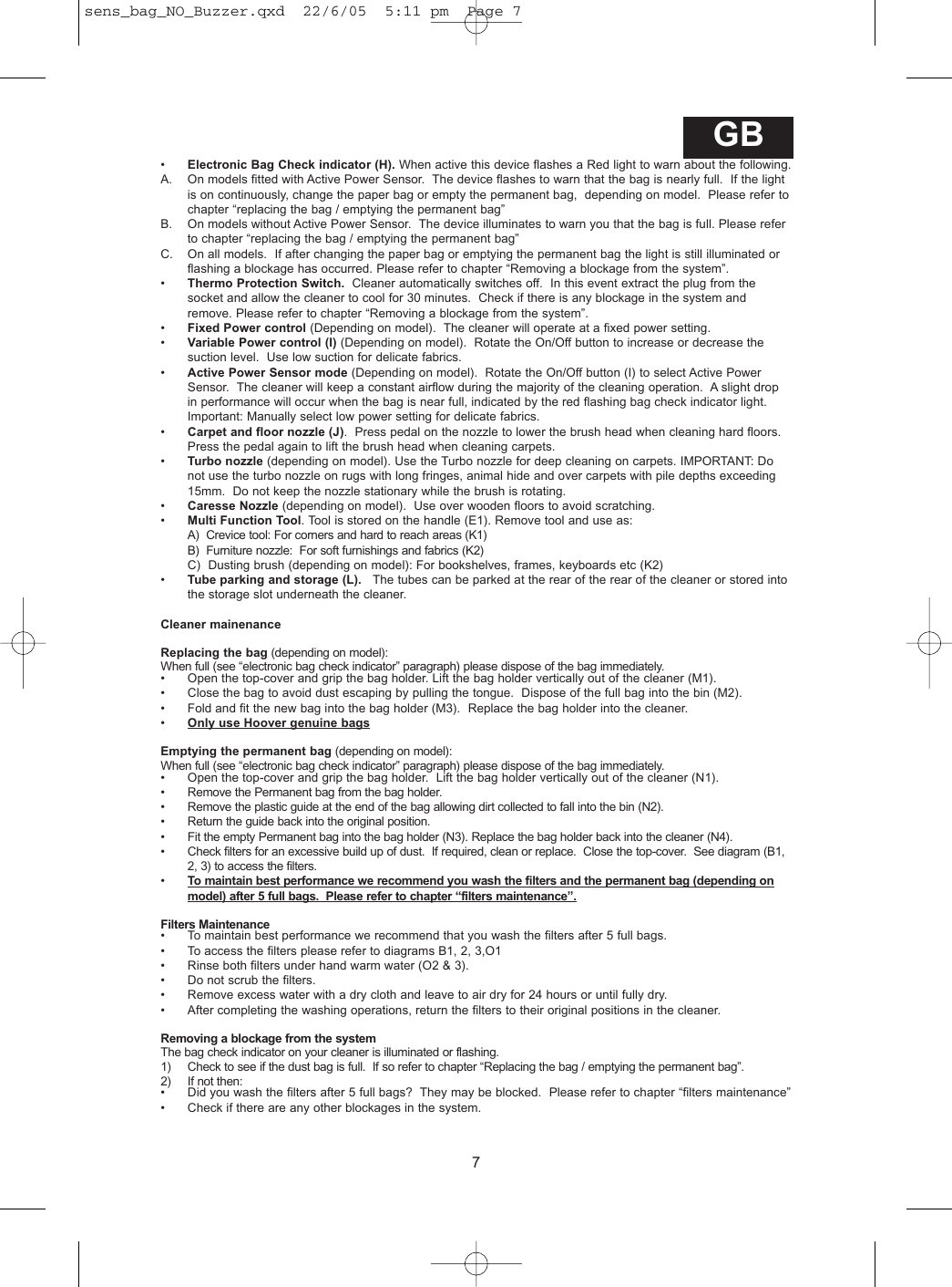 Page 7 of 9 - Hoover Vacuum Cleaner Sensory Allergy TS2061 Instruction Manual - Product Code 39000334