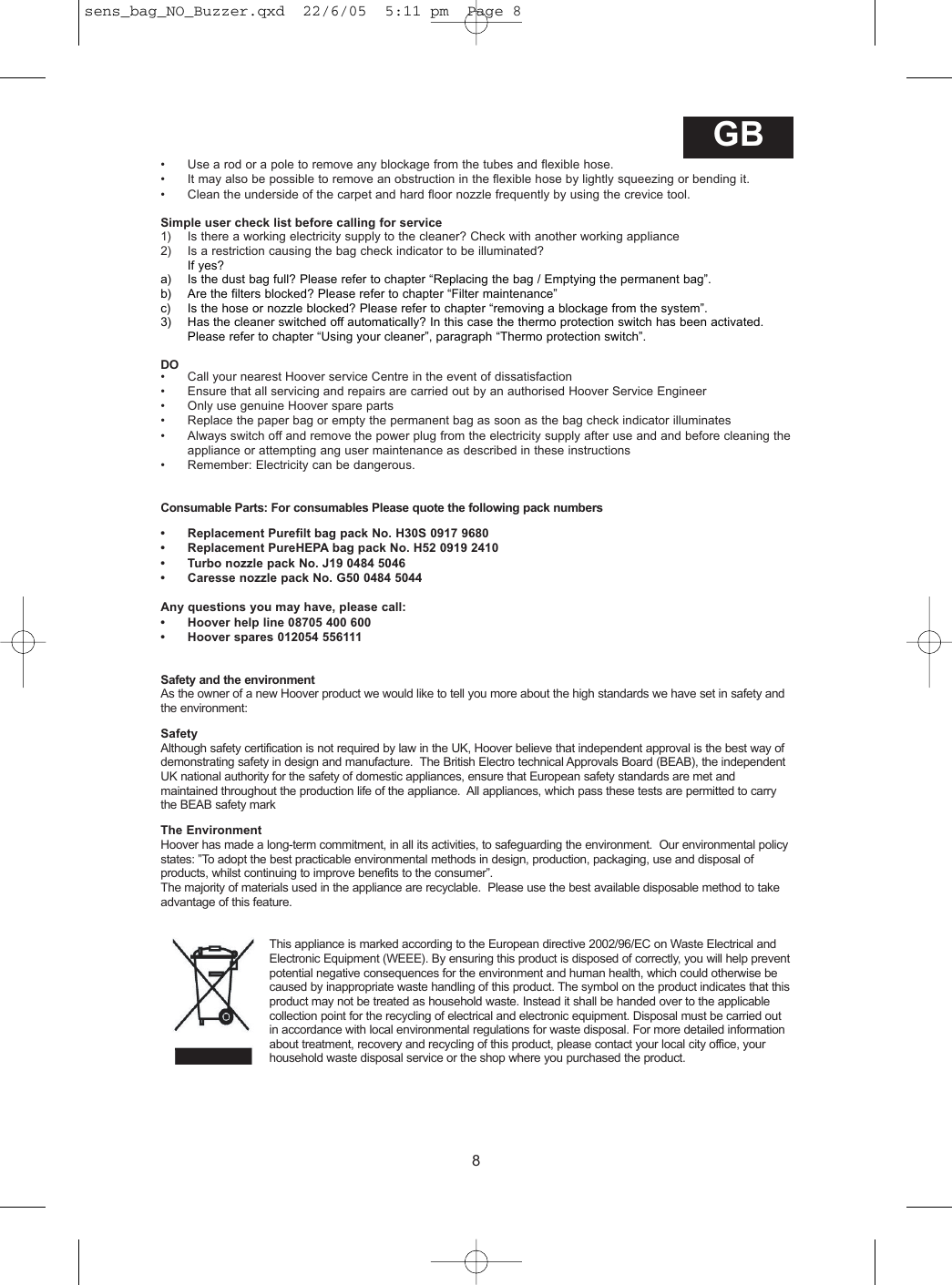 Page 8 of 9 - Hoover Vacuum Cleaner Sensory Allergy TS2061 Instruction Manual - Product Code 39000334