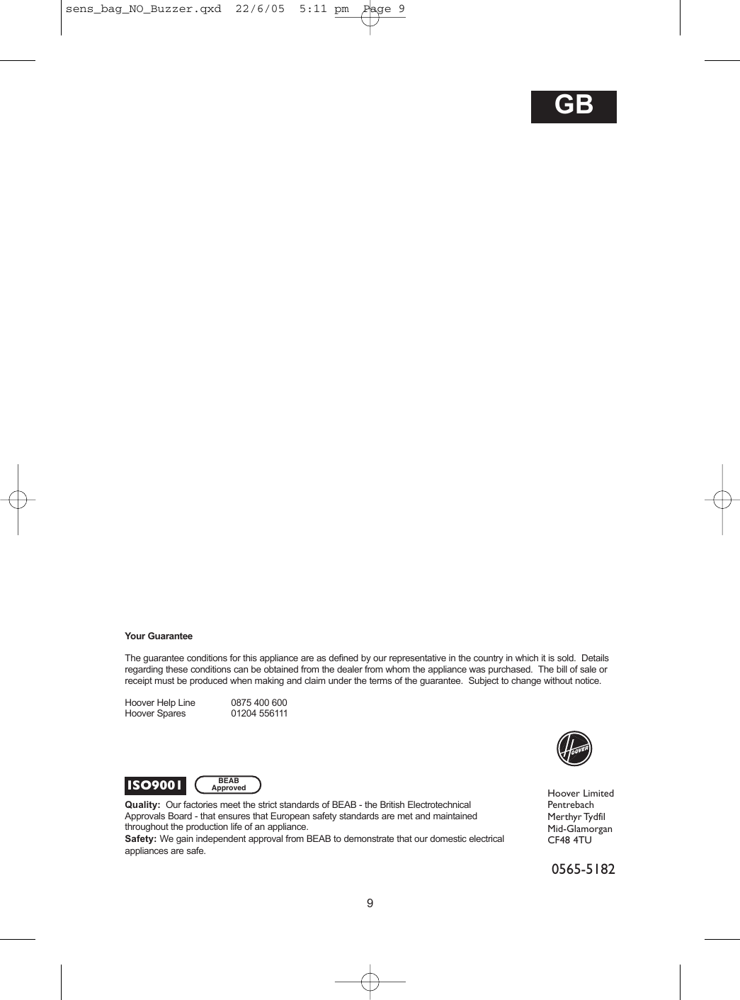 Page 9 of 9 - Hoover Vacuum Cleaner Sensory Allergy TS2061 Instruction Manual - Product Code 39000334