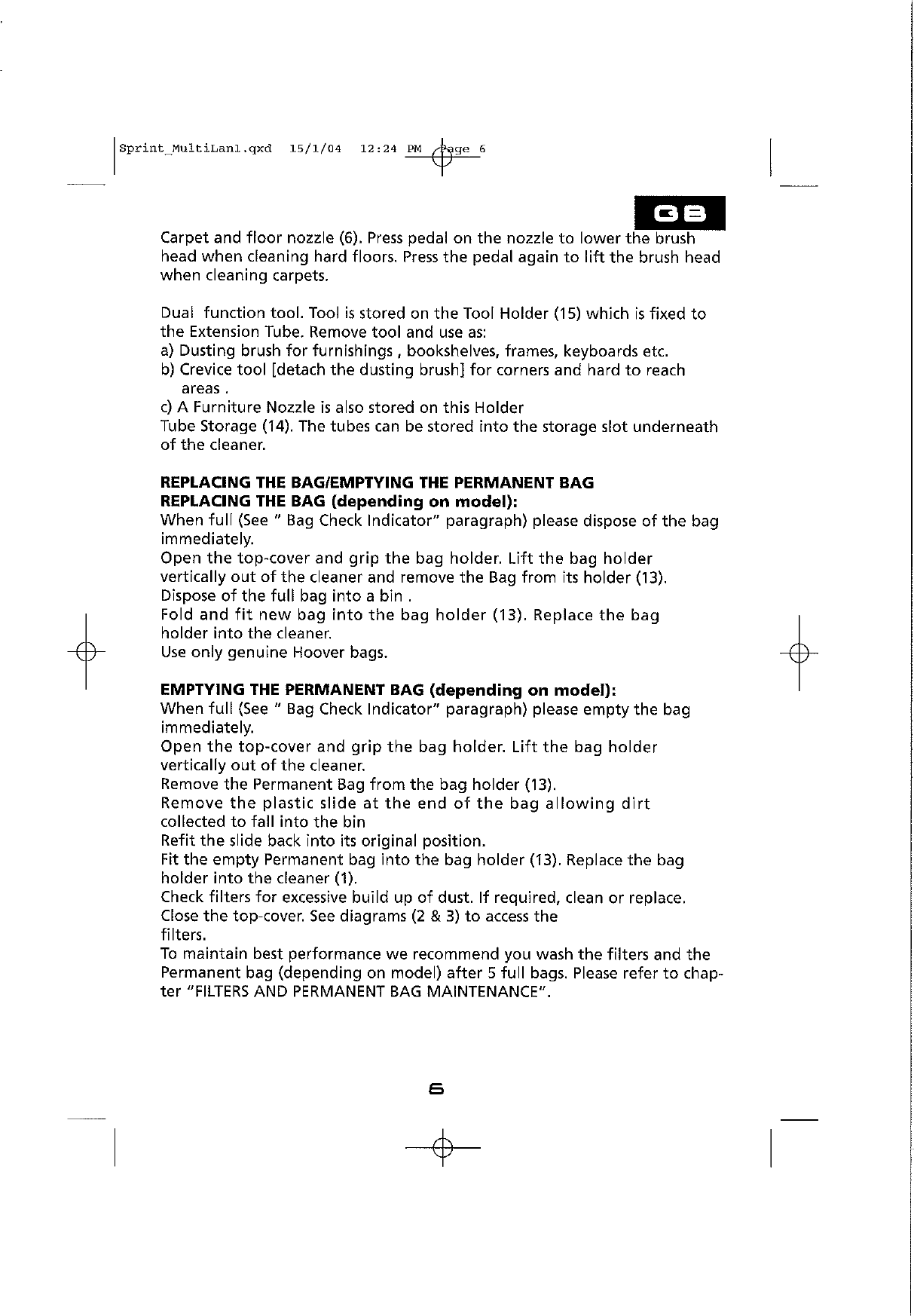 Page 6 of 8 - Hoover Vacuum Cleaner Sprint TW1750 Instruction Manual - Product Code 39000248