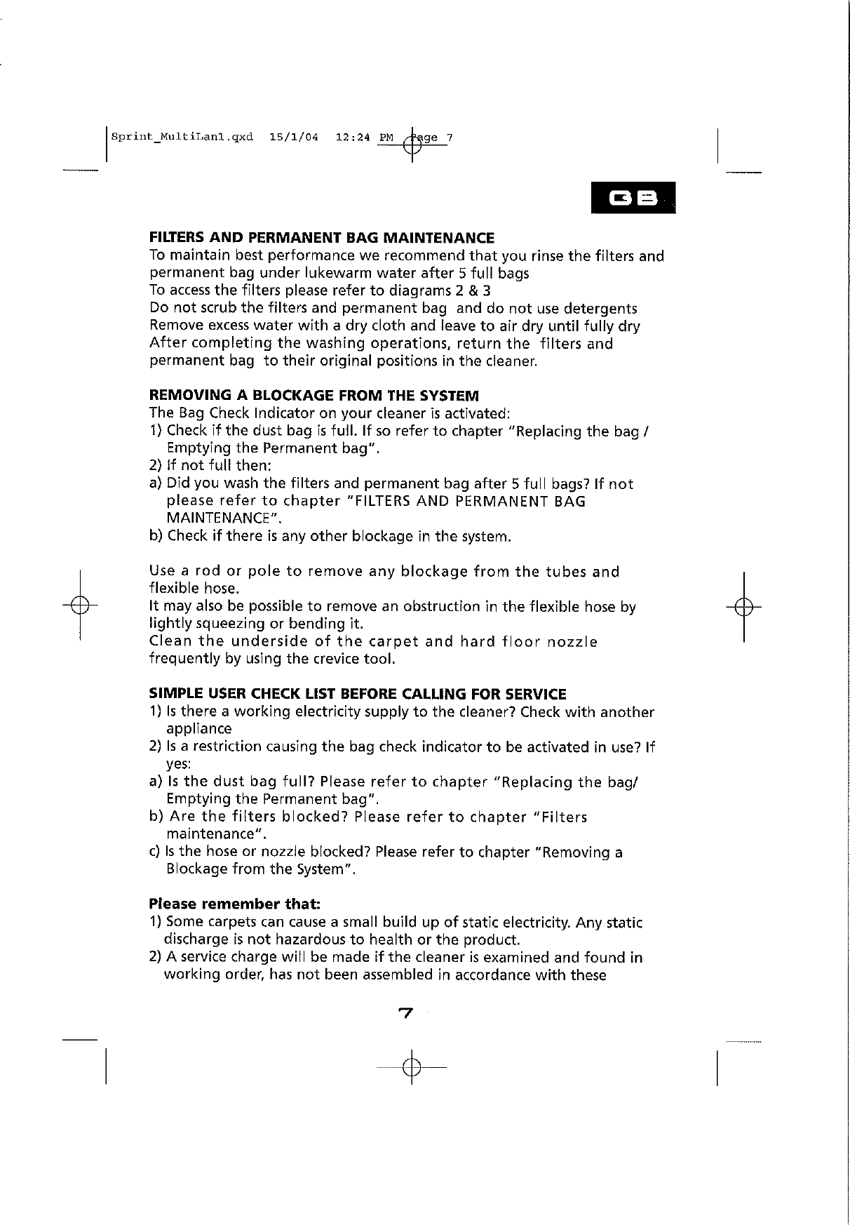 Page 7 of 8 - Hoover Vacuum Cleaner Sprint TW1750 Instruction Manual - Product Code 39000248