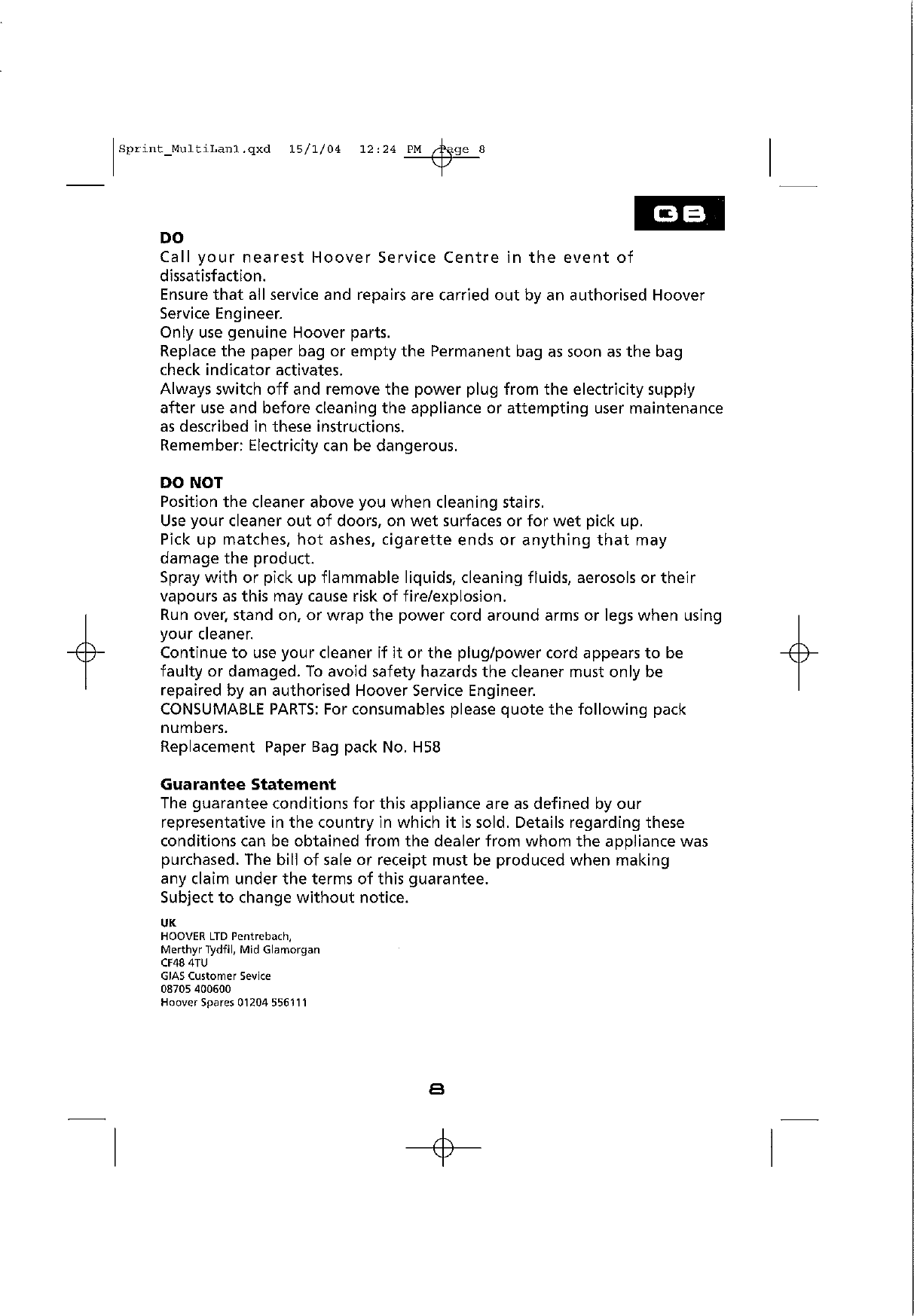 Page 8 of 8 - Hoover Vacuum Cleaner Sprint TW1750 Instruction Manual - Product Code 39000248