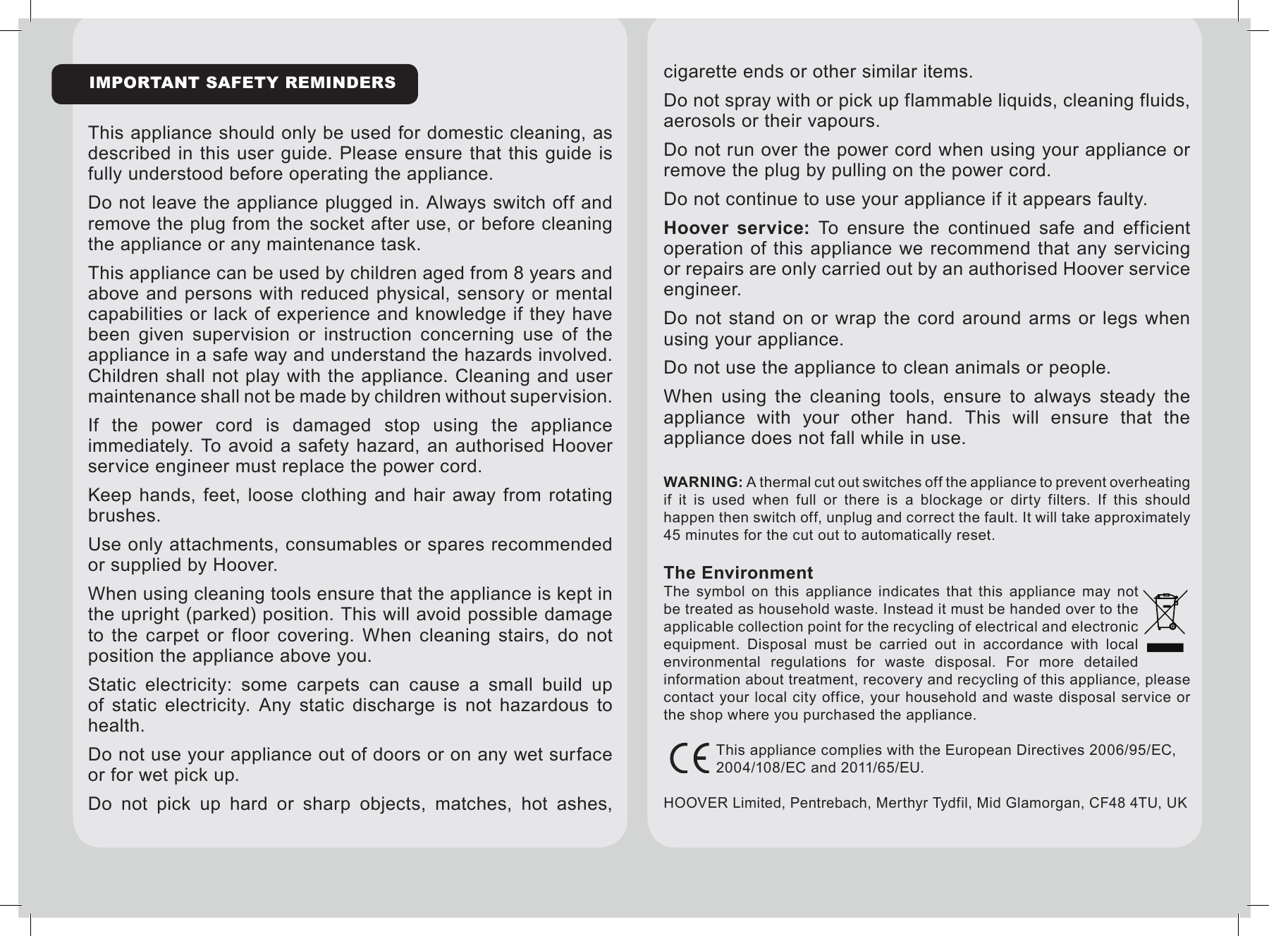 Page 2 of 9 - Hoover Hurricane Power Bagless Pets Upright Vacuum Cleaner VR81HU01 Instruction Manual - Product Code 39100462 VR81-HU01001