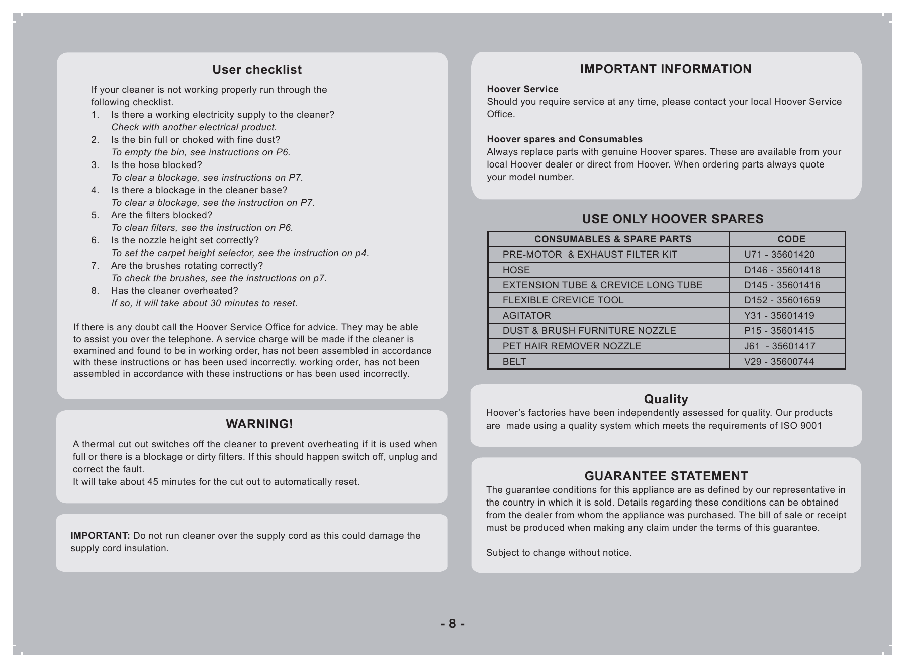 Page 8 of 9 - Hoover Hurricane Power Bagless Pets Upright Vacuum Cleaner VR81HU01 Instruction Manual - Product Code 39100462 VR81-HU01001