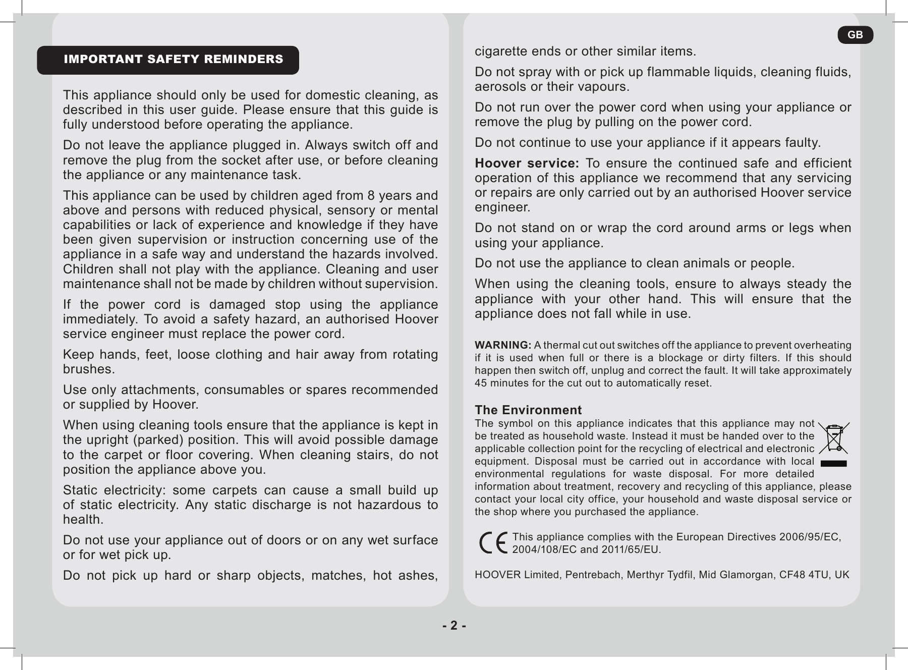 Page 2 of 9 - Hoover Vision Reach Bagless Pets Upright Vacuum Cleaner VR81VR02001 Instruction Manual - Product Code 39100429 VR81-VR02001-VR1001