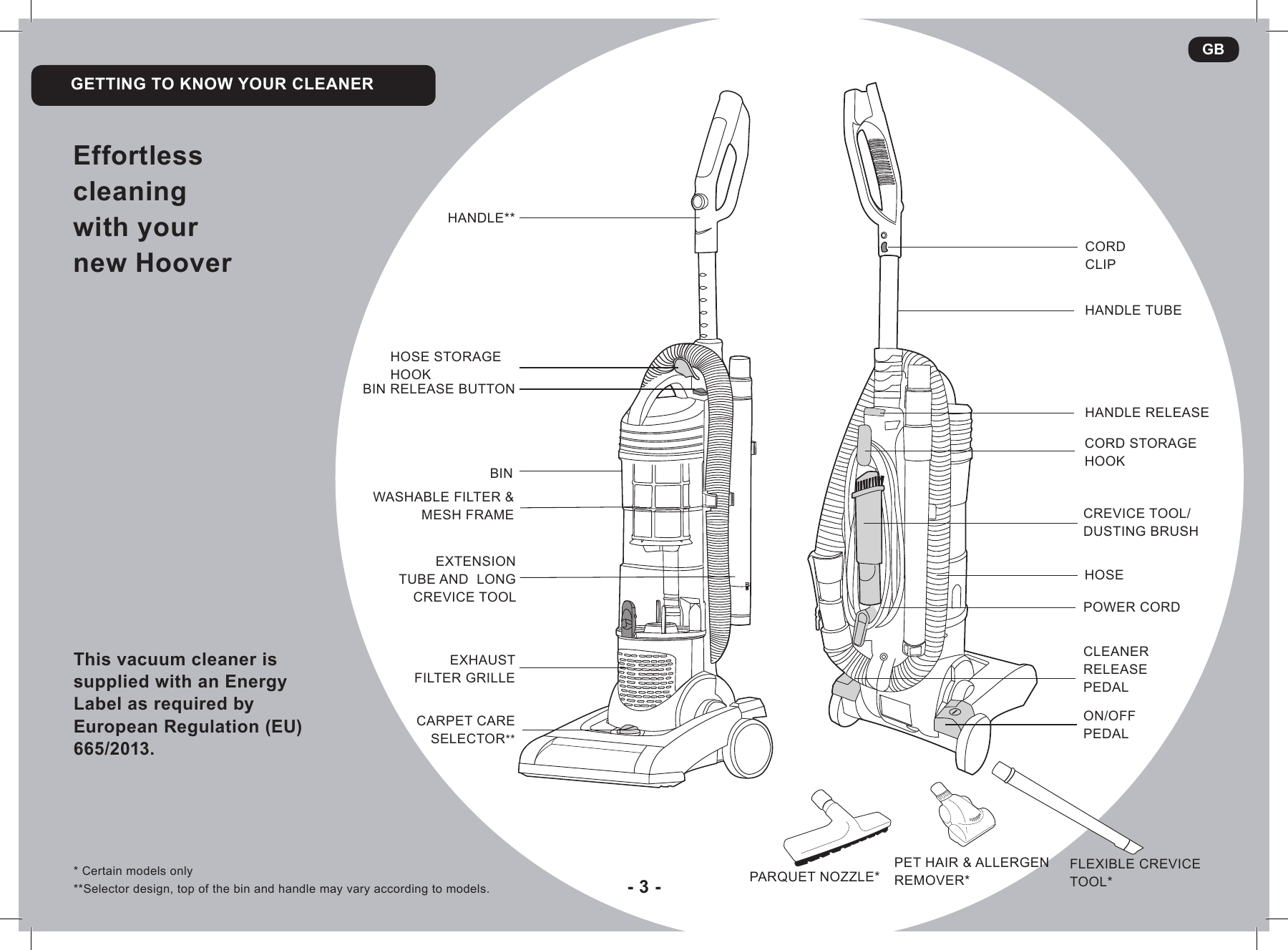 Page 3 of 9 - Hoover Vision Reach Bagless Pets Upright Vacuum Cleaner VR81VR02001 Instruction Manual - Product Code 39100429 VR81-VR02001-VR1001