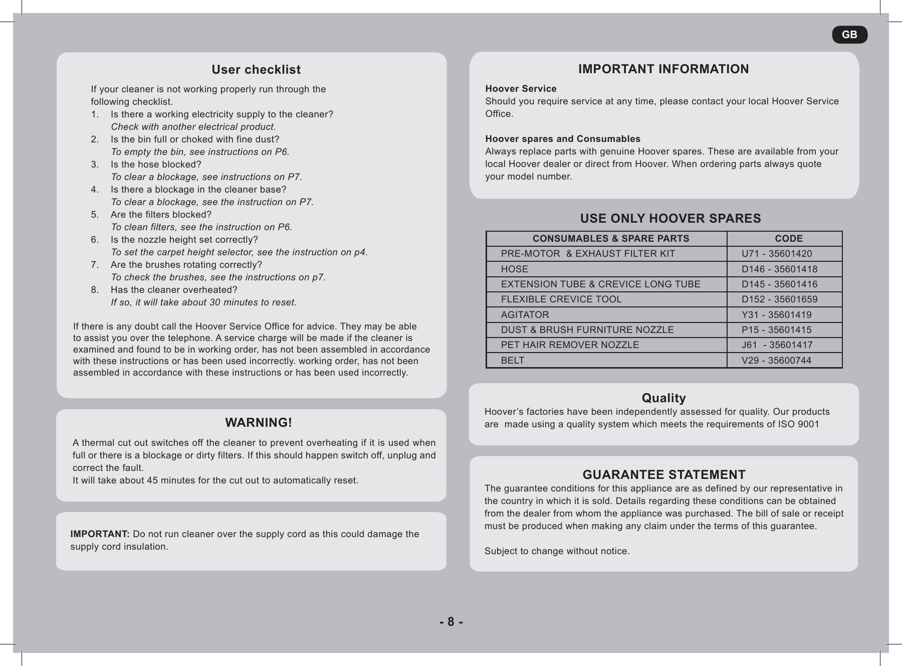 Page 8 of 9 - Hoover Vision Reach Bagless Pets Upright Vacuum Cleaner VR81VR02001 Instruction Manual - Product Code 39100429 VR81-VR02001-VR1001