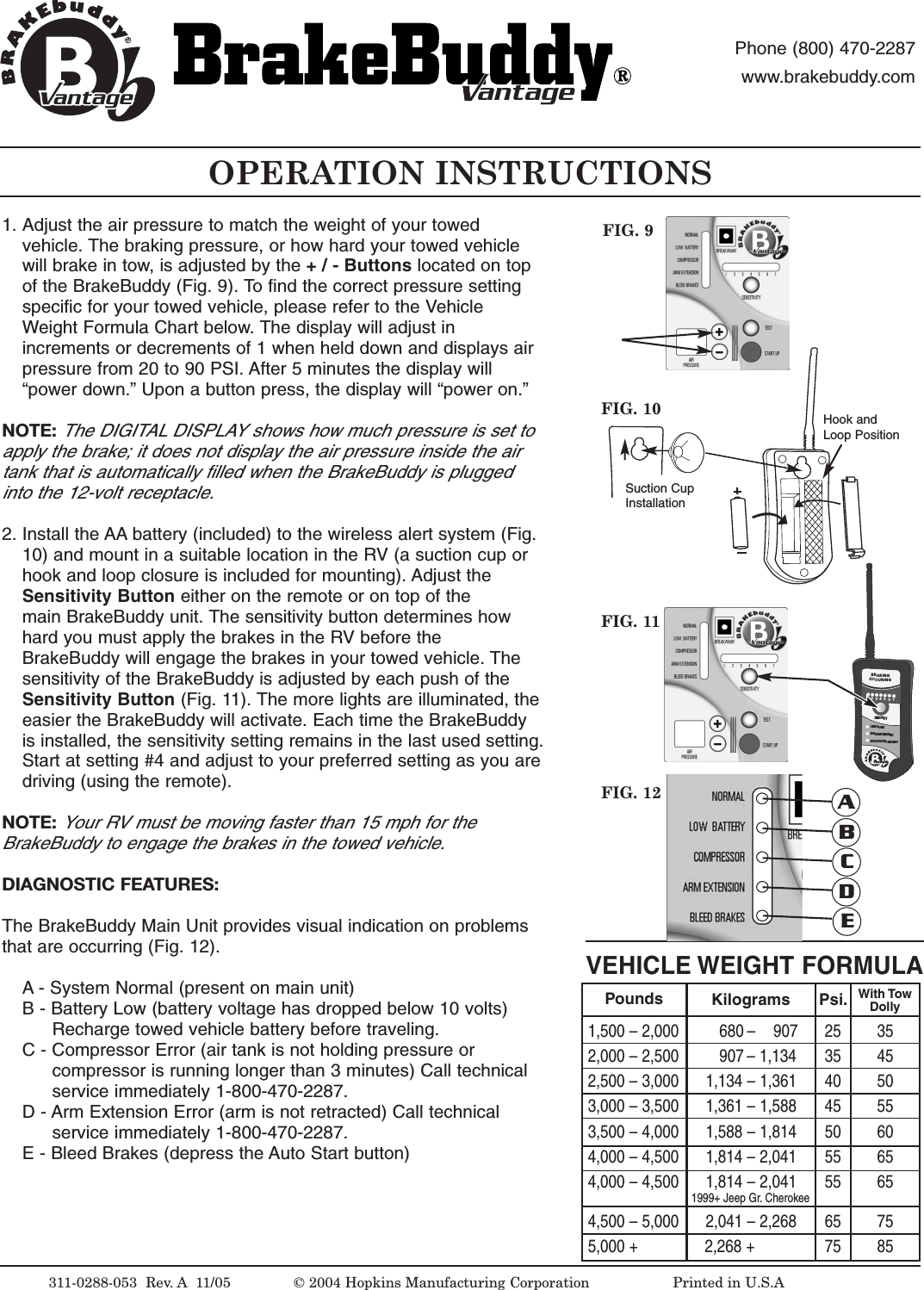 OPERATION INSTRUCTIONSFIG. 9VEHICLE WEIGHT FORMULA1,500 &ndash; 2,000         680 &ndash;    907 25  352,000 &ndash; 2,500         907 &ndash;1,134 35 452,500 &ndash; 3,000      1,134 &ndash; 1,361 40 503,000 &ndash; 3,500      1,361 &ndash; 1,588 45 553,500 &ndash; 4,000      1,588 &ndash; 1,814 50 604,000 &ndash; 4,500      1,814 &ndash; 2,041 55 654,000 &ndash; 4,500      1,814 &ndash; 2,041 55 651999+ Jeep Gr. Cherokee4,500 &ndash; 5,000      2,041 &ndash; 2,268 65 755,000 +               2,268 + 75 85Pounds Kilograms Psi. With TowDolly311-0288-053  Rev.A 11/05 &copy;2004 Hopkins Manufacturing Corporation                   Printed in U.S.AantageantagePhone (800) 470-2287www.brakebuddy.comantageantage1. Adjust the air pressure to match the weight of your towed vehicle. The braking pressure, or how hard your towed vehicle will brake in tow, is adjusted by the +/-Buttons located on top of the BrakeBuddy (Fig. 9). To find the correct pressure setting specific for your towed vehicle, please refer to the Vehicle Weight Formula Chart below. The display will adjust in increments or decrements of 1 when held down and displays air pressure from 20 to 90 PSI. After 5 minutes the display will &ldquo;power down.&rdquo; Upon a button press, the display will &ldquo;power on.&rdquo;NOTE:The DIGITAL DISPLAY shows how much pressure is set toapply the brake; it does not display the air pressure inside the airtank that is automatically filled when the BrakeBuddy is pluggedinto the 12-volt receptacle.2. Install the AA battery (included) to the wireless alert system (Fig. 10) and mount in a suitable location in the RV (a suction cup or hook and loop closure is included for mounting). Adjust the Sensitivity Button either on the remote or on top of the main BrakeBuddy unit. The sensitivity button determines how hard you must apply the brakes in the RVbefore the BrakeBuddy will engage the brakes in your towed vehicle. The sensitivity of the BrakeBuddy is adjusted by each push of the Sensitivity Button (Fig. 11). The more lights are illuminated, theeasier the BrakeBuddy will activate. Each time the BrakeBuddy is installed, the sensitivity setting remains in the last used setting.Start at setting #4 and adjust to your preferred setting as you aredriving (using the remote).NOTE:Your RV must be moving faster than 15 mph for the BrakeBuddy to engage the brakes in the towed vehicle.DIAGNOSTIC FEATURES:The BrakeBuddy Main Unit provides visual indication on problemsthat are occurring (Fig. 12).A - System Normal (present on main unit)B-Battery Low (battery voltage has dropped below 10 volts) Recharge towed vehicle battery before traveling.C-Compressor Error (air tank is not holding pressure or compressor is running longer than 3 minutes) Call technical service immediately 1-800-470-2287.D - Arm Extension Error (arm is not retracted) Call technical service immediately 1-800-470-2287.E-Bleed Brakes (depress the Auto Start button)FIG. 10FIG. 111234BRAKINGOCCURINGSENSITIVITYCHECK BB UNITBREAKAWAY EMERGENCYREPLACEBATTERYON REMOTE567VantageFIG. 12 ABCDESuction CupInstallationHook andLoop Position