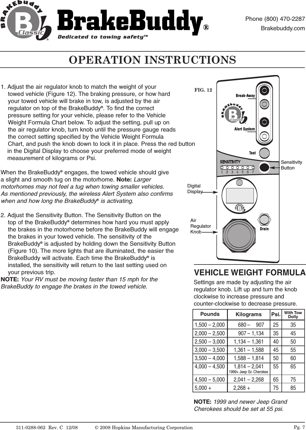 1. Adjust the air regulator knob to match the weight of your towed vehicle (Figure 12). The braking pressure, or how hard your towed vehicle will brake in tow, is adjusted by the air regulator on top of the BrakeBuddy&reg;. To find the correct pressure setting for your vehicle, please refer to the Vehicle Weight Formula Chart below. To adjust the setting, pull up on the air regulator knob, turn knob until the pressure gauge reads the correct setting specified by the Vehicle Weight Formula Chart, and push the knob down to lock it in place. Press the red button  in the Digital Display to choose your preferred mode of weight measurement of kilograms or Psi.When the BrakeBuddy&reg;engages, the towed vehicle should give a slight and smooth tug on the motorhome. Note: Larger motorhomes may not feel a tug when towing smaller vehicles. As mentioned previously, the wireless Alert System also confirmswhen and how long the BrakeBuddy&reg;is activating.2. Adjust the Sensitivity Button. The Sensitivity Button on the top of the BrakeBuddy&reg;determines how hard you must apply the brakes in the motorhome before the BrakeBuddy will engage the brakes in your towed vehicle. The sensitivity of the BrakeBuddy&reg;is adjusted by holding down the Sensitivity Button (Figure 10). The more lights that are illuminated, the easier the BrakeBuddy will activate. Each time the BrakeBuddy&reg;is installed, the sensitivity will return to the last setting used onyour previous trip. NOTE: Your RV must be moving faster than 15 mph for the BrakeBuddy to engage the brakes in the towed vehicle.Alert SystemTestDrainBreak-AwayOPERATION INSTRUCTIONSFIG. 12VEHICLE WEIGHT FORMULASettings are made by adjusting the air regulator knob. Lift up and turn the knobclockwise to increase pressure and counter-clockwise to decrease pressure.NOTE: 1999 and newer Jeep GrandCherokees should be set at 55 psi.DigitalDisplayAirRegulatorKnobSensitivityButton1,500 &ndash; 2,000         680 &ndash;    907 25  352,000 &ndash; 2,500         907 &ndash; 1,134 35 452,500 &ndash; 3,000      1,134 &ndash; 1,361 40 503,000 &ndash; 3,500      1,361 &ndash; 1,588 45 553,500 &ndash; 4,000      1,588 &ndash; 1,814 50 604,000 &ndash; 4,500      1,814 &ndash; 2,041 55 651999+ Jeep Gr.Cherokee4,500 &ndash; 5,000      2,041 &ndash; 2,268 65 755,000 +               2,268 + 75 85Pounds Kilograms Psi. With TowDolly311-0288-062  Rev. C  12/08Dedicated to towing safetyTMPhone (800) 470-2287Brakebuddy.com&copy; 2008 Hopkins Manufacturing Corporation Pg. 7