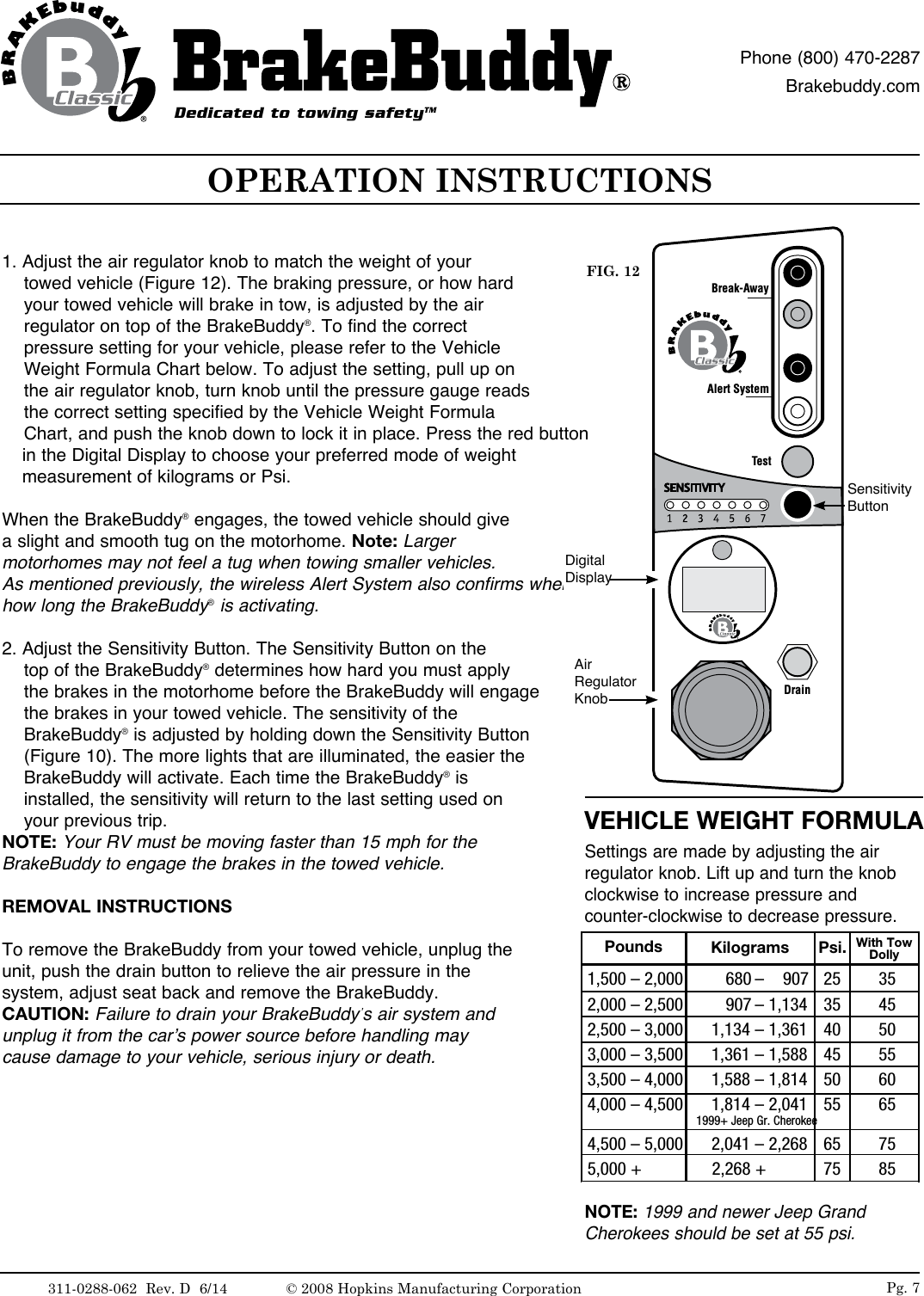 1. Adjust the air regulator knob to match the weight of your     towed vehicle (Figure 12). The braking pressure, or how hard     your towed vehicle will brake in tow, is adjusted by the air     regulator on top of the BrakeBuddy&reg;. To find the correct     pressure setting for your vehicle, please refer to the Vehicle     Weight Formula Chart below. To adjust the setting, pull up on     the air regulator knob, turn knob until the pressure gauge reads     the correct setting specified by the Vehicle Weight Formula     Chart, and push the knob down to lock it in place. Press the red button     in the Digital Display to choose your preferred mode of weight      measurement of kilograms or Psi.When the BrakeBuddy&reg; engages, the towed vehicle should give a slight and smooth tug on the motorhome. Note: Larger motorhomes may not feel a tug when towing smaller vehicles. As mentioned previously, the wireless Alert System also confirms when and how long the BrakeBuddy&reg; is activating.2. Adjust the Sensitivity Button. The Sensitivity Button on the     top of the BrakeBuddy&reg; determines how hard you must apply     the brakes in the motorhome before the BrakeBuddy will engage     the brakes in your towed vehicle. The sensitivity of the     BrakeBuddy&reg; is adjusted by holding down the Sensitivity Button     (Figure 10). The more lights that are illuminated, the easier the     BrakeBuddy will activate. Each time the BrakeBuddy&reg; is     installed, the sensitivity will return to the last setting used on    your previous trip. NOTE: Your RV must be moving faster than 15 mph for the BrakeBuddy to engage the brakes in the towed vehicle.REMOVAL INSTRUCTIONSTo remove the BrakeBuddy from your towed vehicle, unplug the unit, push the drain button to relieve the air pressure in the system, adjust seat back and remove the BrakeBuddy.CAUTION: Failure to drain your BrakeBuddy&rsquo;s air system and unplug it from the car&rsquo;s power source before handling may cause damage to your vehicle, serious injury or death. Alert SystemTestDrainBreak-AwayOPERATION INSTRUCTIONSFIG. 12VEHICLE WEIGHT FORMULASettings are made by adjusting the air regulator knob. Lift up and turn the knob clockwise to increase pressure and counter-clockwise to decrease pressure.NOTE: 1999 and newer Jeep Grand Cherokees should be set at 55 psi.Digital DisplayAir Regulator KnobSensitivityButton1,500 &ndash; 2,000         680 &ndash;    907  25         35 2,000 &ndash; 2,500         907 &ndash; 1,134  35         452,500 &ndash; 3,000      1,134 &ndash; 1,361  40         503,000 &ndash; 3,500      1,361 &ndash; 1,588  45         553,500 &ndash; 4,000      1,588 &ndash; 1,814  50         604,000 &ndash; 4,500      1,814 &ndash; 2,041  55         65                       1999+ Jeep Gr. Cherokee4,500 &ndash; 5,000      2,041 &ndash; 2,268  65         755,000 +                2,268 +    75         85Pounds Kilograms Psi. With Tow DollyPg. 7Dedicated to towing safetyTMPhone (800) 470-2287Brakebuddy.com311-0288-062  Rev. D  6/14 &copy; 2008 Hopkins Manufacturing Corporation