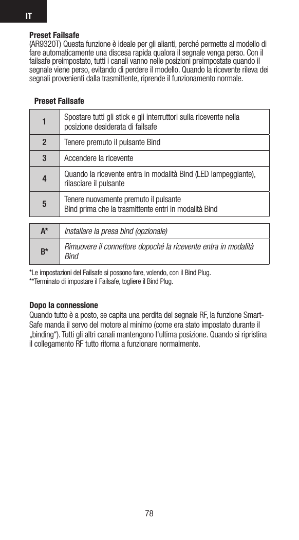 IT7978Dopo la connessione Quando tutto è a posto, se capita una perdita del segnale RF, la funzione Smart-Safe manda il servo del motore al minimo (come era stato impostato durante il „binding“). Tutti gli altri canali mantengono l‘ultima posizione. Quando si ripristina il collegamento RF tutto ritorna a funzionare normalmente. Preset Failsafe1Spostare tutti gli stick e gli interruttori sulla ricevente nella posizione desiderata di failsafe2Tenere premuto il pulsante Bind3Accendere la ricevente4Quando la ricevente entra in modalità Bind (LED lampeggiante), rilasciare il pulsante5Tenere nuovamente premuto il pulsanteBind prima che la trasmittente entri in modalità BindA* Installare la presa bind (opzionale)B* Rimuovere il connettore dopoché la ricevente entra in modalità Bind*Le impostazioni del Failsafe si possono fare, volendo, con il Bind Plug.**Terminato di impostare il Failsafe, togliere il Bind Plug.Preset Failsafe(AR9320T) Questa funzione è ideale per gli alianti, perché permette al modello di fare automaticamente una discesa rapida qualora il segnale venga perso. Con il failsafe preimpostato, tutti i canali vanno nelle posizioni preimpostate quando il segnale viene perso, evitando di perdere il modello. Quando la ricevente rileva dei segnali provenienti dalla trasmittente, riprende il funzionamento normale.