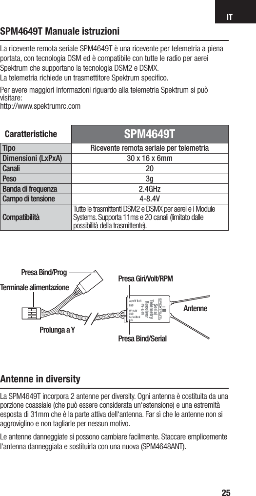 IT25SPM4649T Manuale istruzioniCaratteristiche  SPM4649TTipo Ricevente remota seriale per telemetriaDimensioni (LxPxA) 30 x 16 x 6mm Canali 20Peso 3gBanda di frequenza 2.4GHzCampo di tensione 4-8.4VCompatibilitàTutte le trasmittenti DSM2 e DSMX per aerei e i Module Systems. Supporta 11ms e 20 canali (limitato dalle possibilità della trasmittente). La ricevente remota seriale SPM4649T è una ricevente per telemetria a piena portata, con tecnologia DSM ed è compatibile con tutte le radio per aerei Spektrum che supportano la tecnologia DSM2 e DSMX.La telemetria richiede un trasmettitore Spektrum speciﬁ co.Per avere maggiori informazioni riguardo alla telemetria Spektrum si può visitare:http://www.spektrumrc.comAntenne in diversityLa SPM4649T incorpora 2 antenne per diversity. Ogni antenna è costituita da una porzione coassiale (che può essere considerata un‘estensione) e una estremità esposta di 31mm che è la parte attiva dell‘antenna. Far sì che le antenne non si aggroviglino e non tagliarle per nessun motivo.Le antenne danneggiate si possono cambiare facilmente. Staccare emplicemente l‘antenna danneggiata e sostituirla con una nuova (SPM4648ANT).Prolunga a YPresa Bind/ProgAntennePresa Giri/Volt/RPMPresa Bind/SerialTerminale alimentazione