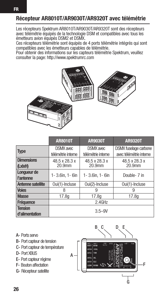 FR26Récepteur AR8010T/AR9030T/AR9320T avec télémétrie  Les récepteurs Spektrum AR8010T/AR9030T/AR9320T sont des récepteurs avec télémétrie équipés de la technologie DSM et compatibles avec tous les émetteurs avion équipés DSM2 et DSMX.Ces récepteurs télémétrie sont équipés de 4 ports télémétrie intégrés qui sont compatibles avec les émetteurs capables de télémétrie.Pour obtenir des informations sur les capteurs télémétrie Spektrum, veuillez consulter la page: http://www.spektrumrc.comAR8010T AR9030T AR9320TType DSMX avec télémétrie interneDSMX avec télémétrie interneDSMX fuselage carbone avec télémétrie interneDimensions (LxlxH)48.5 x 28.3 x 20.9mm  48.5 x 28.3 x 20.9mm  48.5 x 28.3 x 20.9mmLongueur de l’antenne 1- 3.6in, 1- 6in 1- 3.6in, 1- 6in Double- 7 inAntenne satellite Oui(1)-Incluse Oui(2)-Incluse Oui(1)-IncluseVoies 8 9 9Masse 17.8g 17.8g 17.8gFréquence 2.4GHzTension d’alimentation 3.5–9VAB C D EFGA- Ports servoB- Port capteur de tensionC- Port capteur de températureD- Port XBUSE- Port capteur régimeF- Bouton affectationG- Récepteur satellite