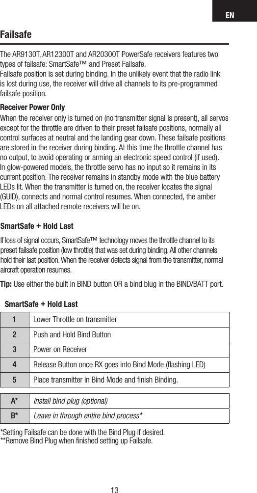 EN1312FailsafeThe AR9130T, AR12300T and AR20300T PowerSafe receivers features two types of failsafe: SmartSafe™ and Preset Failsafe.Failsafe position is set during binding. In the unlikely event that the radio link is lost during use, the receiver will drive all channels to its pre-programmed failsafe position.  Receiver Power OnlyWhen the receiver only is turned on (no transmitter signal is present), all servos except for the throttle are driven to their preset failsafe positions, normally all  control surfaces at neutral and the landing gear down. These failsafe positions are stored in the receiver during binding. At this time the throttle channel has no output, to avoid operating or arming an electronic speed control (if used). In glow-powered models, the throttle servo has no input so it remains in its current position. The receiver remains in standby mode with the blue battery LEDs lit. When the transmitter is turned on, the receiver locates the signal (GUID), connects and normal control resumes. When connected, the amber LEDs on all attached remote receivers will be on. SmartSafe + Hold LastIf loss of signal occurs, SmartSafe™ technology moves the throttle channel to its preset failsafe position (low throttle) that was set during binding. All other channels hold their last position. When the receiver detects signal from the transmitter, normal aircraft operation resumes. SmartSafe + Hold Last1Lower Throttle on transmitter2Push and Hold Bind Button3Power on Receiver4Release Button once RX goes into Bind Mode (ﬂashing LED)5Place transmitter in Bind Mode and ﬁnish Binding.A* Install bind plug (optional)B* Leave in through entire bind process*Tip: Use either the built in BIND button OR a bind blug in the BIND/BATT port.*Setting Failsafe can be done with the Bind Plug if desired.**Remove Bind Plug when ﬁnished setting up Failsafe.