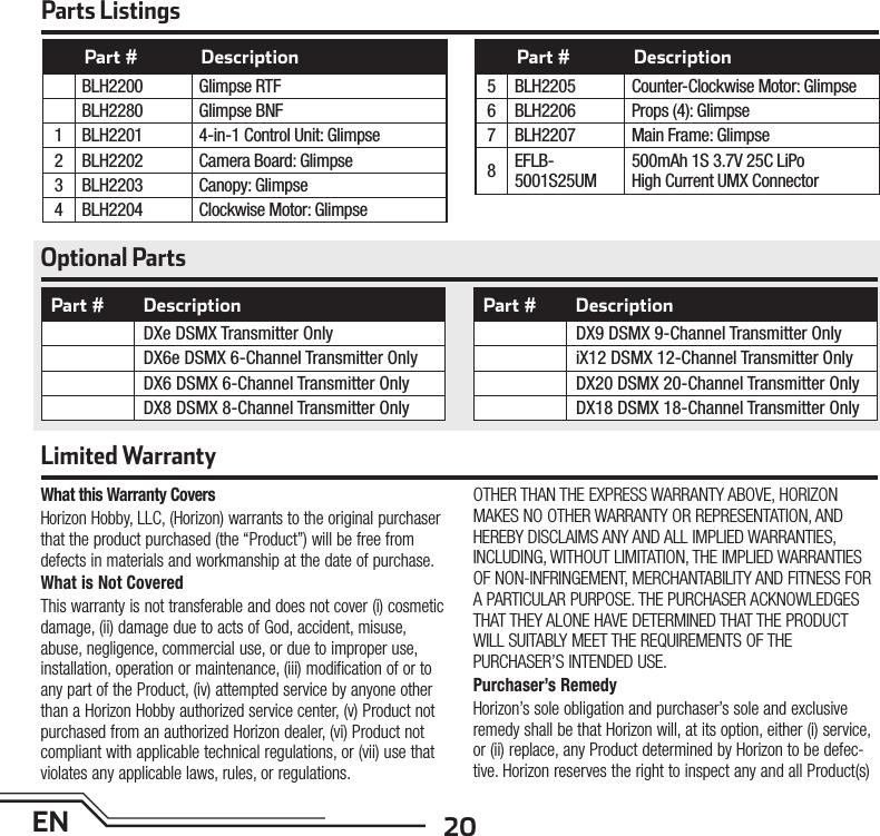 20ENLimited WarrantyWhat this Warranty CoversHorizon Hobby, LLC, (Horizon) warrants to the original purchaser that the product purchased (the “Product”) will be free from defects in materials and workmanship at the date of purchase.What is Not CoveredThis warranty is not transferable and does not cover (i) cosmetic damage, (ii) damage due to acts of God, accident, misuse, abuse, negligence, commercial use, or due to improper use, installation, operation or maintenance, (iii) modification of or to any part of the Product, (iv) attempted service by anyone other than a Horizon Hobby authorized service center, (v) Product not purchased from an authorized Horizon dealer, (vi) Product not compliant with applicable technical regulations, or (vii) use that violates any applicable laws, rules, or regulations.OTHER THAN THE EXPRESS WARRANTY ABOVE, HORIZON MAKES NO OTHER WARRANTY OR REPRESENTATION, AND HEREBY DISCLAIMS ANY AND ALL IMPLIED WARRANTIES, INCLUDING, WITHOUT LIMITATION, THE IMPLIED WARRANTIES OF NON-INFRINGEMENT, MERCHANTABILITY AND FITNESS FOR A PARTICULAR PURPOSE. THE PURCHASER ACKNOWLEDGES THAT THEY ALONE HAVE DETERMINED THAT THE PRODUCT WILL SUITABLY MEET THE REQUIREMENTS OF THE PURCHASER’S INTENDED USE.Purchaser’s RemedyHorizon’s sole obligation and purchaser’s sole and exclusive remedy shall be that Horizon will, at its option, either (i) service, or (ii) replace, any Product determined by Horizon to be defec-tive. Horizon reserves the right to inspect any and all Product(s) Parts ListingsPart # DescriptionBLH2200 Glimpse RTFBLH2280 Glimpse BNF 1 BLH2201 4-in-1 Control Unit: Glimpse2 BLH2202 Camera Board: Glimpse3 BLH2203 Canopy: Glimpse4 BLH2204 Clockwise Motor: GlimpsePart # Description5 BLH2205 Counter-Clockwise Motor: Glimpse6 BLH2206 Props (4): Glimpse7 BLH2207 Main Frame: Glimpse8EFLB-5001S25UM500mAh 1S 3.7V 25C LiPoHigh Current UMX ConnectorPart # DescriptionDXe DSMX Transmitter OnlyDX6e DSMX 6-Channel Transmitter OnlyDX6 DSMX 6-Channel Transmitter OnlyDX8 DSMX 8-Channel Transmitter OnlyPart # DescriptionDX9 DSMX 9-Channel Transmitter OnlyiX12 DSMX 12-Channel Transmitter OnlyDX20 DSMX 20-Channel Transmitter OnlyDX18 DSMX 18-Channel Transmitter OnlyOptional Parts