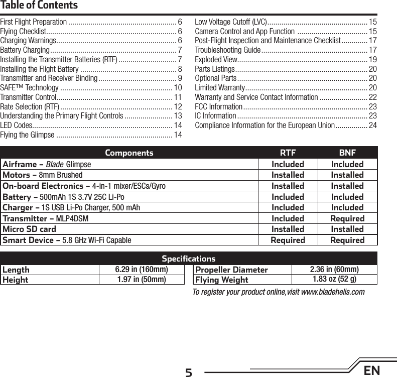 5ENTable of ContentsFirst Flight Preparation ...................................................... 6Flying Checklist ................................................................. 6Charging Warnings ............................................................ 6Battery Charging ............................................................... 7Installing the Transmitter Batteries (RTF) ............................. 7Installing the Flight Battery ................................................ 8Transmitter and Receiver Binding ....................................... 9SAFE™ Technology ........................................................ 10Transmitter Control.......................................................... 11Rate Selection (RTF) ........................................................ 12Understanding the Primary Flight Controls ........................ 13LED Codes...................................................................... 14Flying the Glimpse .......................................................... 14Low Voltage Cutoff (LVC) .................................................. 15Camera Control and App Function  ................................... 15Post-Flight Inspection and Maintenance Checklist ............. 17Troubleshooting Guide ..................................................... 17Exploded View................................................................. 19Parts Listings .................................................................. 20Optional Parts ................................................................. 20Limited Warranty ............................................................. 20Warranty and Service Contact Information ........................ 22FCC Information .............................................................. 23IC Information ................................................................. 23Compliance Information for the European Union ................ 24Length 6.29 in (160mm)Height 1.97 in (50mm)Propeller Diameter 2.36 in (60mm)Flying Weight 1.83 oz (52 g)SpecificationsComponents RTF BNFAirframe – Blade Glimpse Included IncludedMotors – 8mm Brushed Installed InstalledOn-board Electronics –  4-in-1 mixer/ESCs/Gyro Installed InstalledBattery – 500mAh 1S 3.7V 25C Li-Po Included IncludedCharger –  1S USB Li-Po Charger, 500 mAh Included IncludedTransmitter – MLP4DSM Included RequiredMicro SD card Installed InstalledSmart Device – 5.8 GHz Wi-Fi Capable Required RequiredTo register your product online,visit www.bladehelis.com
