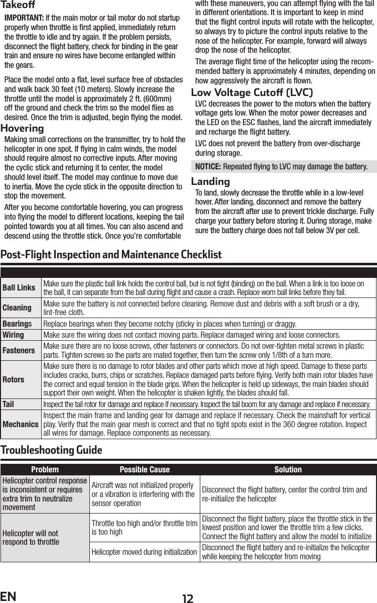 12ENProblem Possible Cause SolutionHelicopter control response is inconsistent or requires extra trim to neutralize movementAircraft was not initialized properly or a vibration is interfering with the sensor operationDisconnect the ﬂ ight battery, center the control trim and re-initialize the helicopterHelicopter will notrespond to throttleThrottle too high and/or throttle trim is too highDisconnect the ﬂ ight battery, place the throttle stick in the lowest position and lower the throttle trim a few clicks. Connect the ﬂ ight battery and allow the model to initializeHelicopter moved during initialization Disconnect the flight battery and re-initialize the helicopter while keeping the helicopter from movingTakeo IMPORTANT: If the main motor or tail motor do not startup properly when throttle is ﬁ rst applied, immediately return the throttle to idle and try again. If the problem persists, disconnect the ﬂ ight battery, check for binding in the gear train and ensure no wires have become entangled within the gears. Place the model onto a ﬂ at, level surface free of obstacles and walk back 30 feet (10 meters). Slowly increase the throttle until the model is approximately 2 ft. (600mm) off the ground and check the trim so the model ﬂ ies as desired. Once the trim is adjusted, begin ﬂ ying the model.HoveringMaking small corrections on the transmitter, try to hold the helicopter in one spot. If ﬂ ying in calm winds, the model should require almost no corrective inputs. After moving the cyclic stick and returning it to center, the model should level itself. The model may continue to move due to inertia. Move the cycle stick in the opposite direction to stop the movement.After you become comfortable hovering, you can progress into ﬂ ying the model to different locations, keeping the tail pointed towards you at all times. You can also ascend and descend using the throttle stick. Once you’re comfortable with these maneuvers, you can attempt ﬂ ying with the tail in different orientations. It is important to keep in mind that the ﬂ ight control inputs will rotate with the helicopter, so always try to picture the control inputs relative to the nose of the helicopter. For example, forward will always drop the nose of the helicopter. The average ﬂ ight time of the helicopter using the recom-mended battery is approximately 4 minutes, depending on how aggressively the aircraft is ﬂ own.Low Voltage Cuto  (LVC)LVC decreases the power to the motors when the battery voltage gets low. When the motor power decreases and the LED on the ESC ﬂ ashes, land the aircraft immediately and recharge the ﬂ ight battery.LVC does not prevent the battery from over-discharge during storage.NOTICE: Repeated ﬂ ying to LVC may damage the battery.LandingTo land, slowly decrease the throttle while in a low-level hover. After landing, disconnect and remove the battery from the aircraft after use to prevent trickle discharge. Fully charge your battery before storing it. During storage, make sure the battery charge does not fall below 3V per cell.Troubleshooting GuidePost-Flight Inspection and Maintenance ChecklistBall Links Make sure the plastic ball link holds the control ball, but is not tight (binding) on the ball. When a link is too loose on the ball, it can separate from the ball during ﬂ ight and cause a crash. Replace worn ball links before they fail.Cleaning  Make sure the battery is not connected before cleaning. Remove dust and debris with a soft brush or a dry, lint-free cloth. BearingsReplace bearings when they become notchy (sticky in places when turning) or draggy.Wiring Make sure the wiring does not contact moving parts. Replace damaged wiring and loose connectors.Fasteners Make sure there are no loose screws, other fasteners or connectors. Do not over-tighten metal screws in plastic parts. Tighten screws so the parts are mated together, then turn the screw only 1/8th of a turn more.RotorsMake sure there is no damage to rotor blades and other parts which move at high speed. Damage to these parts includes cracks, burrs, chips or scratches. Replace damaged parts before ﬂ ying. Verify both main rotor blades have the correct and equal tension in the blade grips. When the helicopter is held up sideways, the main blades should support their own weight. When the helicopter is shaken lightly, the blades should fall.Tail Inspect the tail rotor for damage and replace if necessary. Inspect the tail boom for any damage and replace if necessary.Mechanics Inspect the main frame and landing gear for damage and replace if necessary. Check the mainshaft for vertical play. Verify that the main gear mesh is correct and that no tight spots exist in the 360 degree rotation. Inspect all wires for damage. Replace components as necessary.