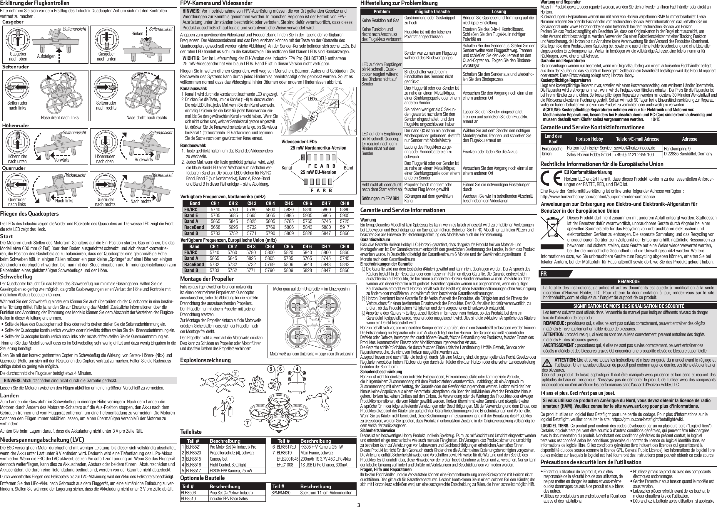 3Teil # Beschreibung1BLH8521 Pro Motor Set (4): Inductrix Pro2BLH8520 Propellerschutz (4), schwarz3BLH8515 Canopy Set4BLH8516 Flight Control, Beta ight5BLH8517 FX805 FPV Kamera, 25mWTeil # Beschreibung6BLH8517EU FX805 FPV Kamera, 25mW7BLH8519 Main Frame, schwarzEFLB2001S45200mAh 1S 3.7V 45C LiPo Akku EFLC1008 1S USB Li-Po Charger, 300mA Rechtliche Informationen für die Europäische UnionEU Konformitätserklärung Horizon LLC erklärt hiermit, dass dieses Produkt konform zu den essentiellen Anforder-ungen der R&amp;TTE, RED, und EMC ist. Eine Kopie der Konformitätserklärung ist online unter folgender Adresse verfügbar :http://www.horizonhobby.com/content/support-render-compliance.Anweisungen zur Entsorgung von Elektro-und Elektronik-Altgeräten für Benutzer in der Europäischen UnionDieses Produkt darf nicht zusammen mit anderem Abfall entsorgt werden. Stattdessen ist der Benutzer dafür verantwortlich, unbrauchbare Geräte durch Abgabe bei einer speziellen Sammelstelle für das Recycling von unbrauchbaren elektrischen und elektronischen Geräten zu entsorgen. Die separate Sammlung und das Recycling von unbrauchbaren Geräten zum Zeitpunkt der Entsorgung hilft, natürliche Ressourcen zu bewahren und sicherzustellen, dass Geräte auf eine Weise wiederverwertet werden, bei der die menschliche Gesundheit und die Umwelt geschützt werden. Weitere Informationen dazu, wo Sie unbrauchbare Geräte zum Recycling abgeben können, erhalten Sie bei lokalen Ämtern, bei der Müllabfuhr für Haushaltsmüll sowie dort, wo Siedas Produkt gekauft haben.Niederspannungabschaltung (LVC)Die ESC versorgt den Motor durchgehend mit weniger Leistung, bis dieser sich vollständig abschaltet, wenn der Akku unter Last unter 9 V entladen wird. Dadurch wird eine Tiefentladung des LiPo-Akkus vermieden. Wenn die ESC die LVC aktiviert, setzen Sie sofort zur Landung an. Wenn Sie das Fluggerät dennoch weiter iegen, kann dies zu Akkuschaden, Absturz oder beidem führen.  Absturzschäden und Akkuschäden, die durch eine Tiefentladung bedingt sind, werden von der Garantie nicht abgedeckt.Durch wiederholtes Fliegen des Helikopters bis zur LVC-Aktivierung wird der Akku des Helikopters beschädigt. Entfernen Sie den LiPo-Akku nach Gebrauch aus dem Fluggerät, um eine allmähliche Entladung zu ver-hindern. Stellen Sie während der Lagerung sicher, dass die Akkuladung nicht unter 3 V pro Zelle abfällt.Hilfestellung zur ProblemlösungDie LEDs des Inductrix zeigen die Vorder und Rückseite des Quacopters an. Die weisse LED zeigt die Front, die rote LED zeigt das Heck.StartDie Motoren durch Stellen des Motorarm-Schalters auf die Ein-Position starten. Gas erhöhen, bis das Modell etwa 600mm (2 Fuß) über dem Boden ausgerichtet schwebt, und sich darauf konzentrie-ren, die Position des Gashebels so zu balancieren, dass der Quadcopter eine gleichmäßige Höhe beim Schweben hält. In einigen Fällen müssen ein paar kleine „Sprünge“ auf eine Höhe von einigen Zentimetern durchgeführt werden, bis man mit den Steuereingaben und Trimmungseinstellungen zum Beibehalten eines gleichmäßigen Schwebe ugs und der Höhe. Schwebeﬂ ugDer Quadcopter braucht für das Halten des Schwebe ug nur minimale Gaseingaben. Halten Sie die Gaseingaben so gering wie möglich, da große Gasbewegungen einen Verlust der Höhe und Kontrolle mit möglichen Absturz bedeuten können.Während Sie den Schwebe ug einsteuern können Sie auch überprüfen ob der Quadcopter in eine bestim-mte Richtung driftet. Falls ja, landen Sie zur Einstellung das Modell. Zusätzliche Informationen über die Funktion und Anordnung der Trimmung des Modells können Sie dem Abschnitt der Verstehen der Flugkon-trollen in dieser Anleitung entnehmen.• Sollte die Nase des Quadcopter nach links oder rechts drehen stellen Sie die Seitenrudertrimmung ein.• Sollte der Quadcopter kontinuierlich vorwärts oder rückwärts driften stellen Sie die Höhenrudertrimmung ein. • Sollte der Quadcopter kontinuierlich nach links oder rechts driften stellen Sie die Querrudertrimmung ein.Trimmen Sie das Modell so weit dass es im Schwebe ug sehr wenig driftet und dazu wenig Eingaben in die Steuerung benötigt.Üben Sie mit den korrekt getrimmten Copter im Schwebe ug die Wirkung  von Seiten- Höhen- (Nick) und Querruder (Roll),  um sich mit den Reaktionen des Copters vertraut zu machen. Halten Sie die Ruderauss-chläge dabei so gering wie möglich.Die durchschnittliche Flugdauer beträgt etwa 4Minuten.HINWEIS: Absturzschäden sind nicht durch die Garantie gedeckt.Lassen Sie die Motoren zwischen den Flügen abkühlen um einen größeren Verschleiß zu vermeiden.LandenZum Landen die Gaszufuhr im Schwebe ug in niedriger Höhe verringern. Nach dem Landen die Motoren durch Ändern des Motorarm-Schalters auf die Aus-Position stoppen, den Akku nach dem Gebrauch trennen und vom Fluggerät entfernen, um eine Tiefenentladung zu vermeiden. Die Motoren zwischen den Flügen immer abkühlen lassen, um einen übermäßigen Verschleiß der Motoren zu verhindern.Achten Sie beim Lagern darauf, dass die Akkuladung nicht unter 3 V pro Zelle fällt.Fliegen des QuadcoptersFPV-Kamera und VideosenderTeilelisteExplosionszeichnungOptionale BauteileTeil # BeschreibungBLH8506 Prop Set (4), Yellow: InductrixBLH8510 Inductrix FPV Race GatesTeil # BeschreibungSPMVM430 Spektrum 11-cm-VideomonitorQuerruderHöhenruderQuerruder nach links Nach links Nach rechtsRückansichtVorwärts RückwärtsSeitenansicht SeitenansichtRückansichtHöhenruder nach unten Höhenruder nach obenQuerruder nach rechts Band CH 1 CH 2  CH 3 CH 4 CH 5 CH 6 CH 7 CH 8FS/IRC 5740 5760 5780 5800 5820 5840 5860 5880Band E 5705 5685 5665 5665 5885 5905 5905 5905Band A 5865 5845 5825 5805 5785 5765 5745 5725RaceBand 5658 5695 5732 5769 5806 5843 5880 5917Band B 5733 5752 5771 5790 5809 5828 5847 5866Band CH 1 CH 2  CH 3 CH 4 CH 5 CH 6 CH 7 CH 8FS/IRC 5740 5760 5780 5800 5820 5840 5860 5860Band A 5865 5845 5825 5805 5785 5765 5745 5745RaceBand 5732 5732 5732 5769 5806 5843 5843 5843Band B 5733 5752 5771 5790 5809 5828 5847 5866Verfügbare Frequenzen, Nordamerika (mHz)Verfügbare Frequenzen, Europäische Union (mHz)Falls es aus irgendwelchen Gründen notwendig ist, einen oder mehrere Propeller am Quadcopter auszutauschen, siehe die Abbildung für die korrekte Drehrichtung des auszutauschenden Propellers. Den Propeller nur mit einem Propeller mit gleicher Drehrichtung ersetzen.Zur Montage den Propeller einfach auf die Motorwelle drücken. Sicherstellen, dass sich der Propeller nach der Montage frei dreht.Den Propeller nicht zu weit auf die Motorwelle drücken. Dies kann zu Schäden an Propeller oder Motor führen und das freie Drehen des Propellers verhindern.Montage der PropellerVideosender-LEDs25mW Nordamerika-Version25mW EU-VersionKanal Band13756 42WarnungEin ferngesteuertes Modell ist kein Spielzeug. Es kann, wenn es falsch eingesetzt wird, zu erheblichen Verletzungen bei Lebewesen und Beschädigungen an Sachgütern führen. Betreiben Sie Ihr RC-Modell nur auf freien Plätzen und beachten Sie alle Hinweise der Bedienungsanleitung des Modells wie auch der Fernsteuerung.GarantiezeitraumExklusive Garantie Horizon Hobby LLC (Horizon) garantiert, dass dasgekaufte Produkt frei von Material- und Montagefehlern ist. Der Garantiezeitraum entspricht den gesetzlichen Bestimmung des Landes, in dem das Produkt erworben wurde. In Deutschland beträgt der Garantiezeitraum 6 Monate und der Gewährleistungszeitraum 18 Monate nach dem GarantiezeitraumEinschränkungen der Garantie(a) Die Garantie wird nur dem Erstkäufer (Käufer) gewährt und kann nicht übertragen werden. Der Anspruch des Käufers besteht in der Reparatur oder dem Tausch im Rahmen dieser Garantie. Die Garantie erstreckt sich ausschließlich auf Produkte, die bei einem autorisierten Horizon Händler erworben wurden. Verkäufe an dritte werden von dieser Garantie nicht gedeckt. Garantieansprüche werden nur angenommen, wenn ein gültiger Kaufnachweis erbracht wird. Horizon behält sich das Recht vor, diese Garantiebestimmungen ohne Ankündigung zu ändern oder modi zieren und widerruft dann bestehende Garantiebestimmungen.(b) Horizon übernimmt keine Garantie für die Verkaufbarkeit des Produktes, die Fähigkeiten und die Fitness des Verbrauchers für einen bestimmten Einsatzzweck des Produktes. Der Käufer allein ist dafür verantwortlich, zu prüfen, ob das Produkt seinen Fähigkeiten und dem vorgesehenen Einsatzzweck entspricht.(c) Ansprüche des Käufers ¬ Es liegt ausschließlich im Ermessen von Horizon, ob das Produkt, bei dem ein Garantiefall festgestellt wurde, repariert oder ausgetauscht wird. Dies sind die exklusiven Ansprüche des Käufers, wenn ein Defekt festgestellt wird.Horizon behält sich vor, alle eingesetzten Komponenten zu prüfen, die in den Garantiefall einbezogen werden können. Die Entscheidung zur Reparatur oder zum Austausch liegt nur bei Horizon. Die Garantie schließt kosmetische Defekte oder Defekte, hervorgerufen durch höhere Gewalt, falsche Behandlung des Produktes, falscher Einsatz des Produktes, kommerziellen Einsatz oder Modi kationen irgendwelcher Art aus.Die Garantie schließt Schäden, die durch falschen Einbau, falsche Handhabung, Unfälle, Betrieb, Service oder Reparaturversuche, die nicht von Horizon ausgeführt wurden aus. Ausgeschlossen sind auch Fälle  die bedingt  durch  (vii) eine Nutzung sind, die gegen geltendes Recht, Gesetze oder Regularien verstoßen haben. Rücksendungen durch den Käufer direkt an Horizon oder eine seiner Landesvertretung bedürfen der Schriftform.SchadensbeschränkungHorizon ist nicht für direkte oder indirekte Folgeschäden, Einkommensausfälle oder kommerzielle Verluste, die in irgendeinem Zusammenhang mit dem Produkt stehen verantwortlich, unabhängig ab ein Anspruch im Zusammenhang mit einem Vertrag, der Garantie oder der Gewährleistung erhoben werden. Horizon wird darüber hinaus keine Ansprüche aus einem Garantiefall akzeptieren, die über den individuellen Wert des Produktes hinaus gehen. Horizon hat keinen Ein uss auf den Einbau, die Verwendung oder die Wartung des Produktes oder etwaiger Produktkombinationen, die vom Käufer gewählt werden. Horizon übernimmt keine Garantie und akzeptiert keine Ansprüche für in der folge auftretende Verletzungen oder Beschädigungen. Mit der Verwendung und dem Einbau des Produktes akzeptiert der Käufer alle aufgeführten Garantiebestimmungen ohne Einschränkungen und Vorbehalte.Wenn Sie als Käufer nicht bereit sind, diese Bestimmungen im Zusammenhang mit der Benutzung des Produktes zu akzeptieren, werden Sie gebeten, dass Produkt in unbenutztem Zustand in der Originalverpackung vollständig bei dem Verkäufer zurückzugeben.SicherheitshinweiseDieses ist ein hochwertiges Hobby Produkt und kein Spielzeug. Es muss mit Vorsicht und Umsicht eingesetzt werden und erfordert einige mechanische wie auch mentale Fähigkeiten. Ein Versagen, das Produkt sicher und umsichtig zu betreiben kann zu Verletzungen von Lebewesen und Sachbeschädigungen erheblichen Ausmaßes führen. Dieses Produkt ist nicht für den Gebrauch durch Kinder ohne die Aufsicht eines Erziehungsberechtigten vorgesehen. Die Anleitung enthält Sicherheitshinweise und Vorschriften sowie Hinweise für die Wartung und den Betrieb des Produktes. Es ist unabdingbar, diese Hinweise vor der ersten Inbetriebnahme zu lesen und zu verstehen. Nur so kann der falsche Umgang verhindert und Unfälle mit Verletzungen und Beschädigungen vermieden werden.Fragen, Hilfe und ReparaturenIhr lokaler Fachhändler und die Verkaufstelle können eine Garantiebeurteilung ohne Rücksprache mit Horizon nicht durchführen. Dies gilt auch für Garantiereparaturen. Deshalb kontaktieren Sie in einem solchen Fall den Händler, der sich mit Horizon kurz schließen wird, um eine sachgerechte Entscheidung zu fällen, die Ihnen schnellst möglich hilft.Problem mögliche Ursache LösungKeine Reaktion auf Gas Gastrimmung oder Gasknüppel zu hoch Bringen Sie Gashebel und Trimmung auf die niedrigste EinstellungKeine Funktion und riecht nach Anschluss des Flugakkus verbranntFlugakku ist mit der falschen Polarität angeschlossenErsetzen Sie das 3-in-1 Kontrollboard. Schließen Sie den Flugakku in richtiger Polarität anLED auf dem Empfänger blinkt schnell , Quad-copter reagiert wärend des Bindens nicht auf SenderSender war zu nah am Flugzeug während des BindevorgangesSchalten Sie den Sender aus. Stellen Sie den Sender weiter vom Fluggerät weg. Trennen und schließen Sie den Akku erneut an den  Quad-Copter an.  Folgen Sie den Bindean-weisungenBindeschalter wurde beim Einschalten des Senders nicht gedrücktSchalten Sie den Sender aus und wiederho-len Sie den BindeprozessDas Fluggerät oder der Sender ist zu nahe an einem Metallkörper, einer Strahlungsquelle oder einem anderen SenderVersuchen Sie den Vorgang noch einmal an einem anderen OrtLED auf dem Empfänger blinkt schnell, Quadcop-ter reagiert nach dem Binden nicht auf den SenderSie haben weniger als 5 Sekun-den gewartet nachdem Sie den Sender eingeschaltet  und den Flugakku angeschlossen habenLassen Sie den Sender eingeschaltet. Trennen und schließen Sie den Flugakku erneut anDer nano QX ist an ein anderen Modellspeicher gebunden. (Betrifft nur Sender mit ModelMatch)Wählen Sie auf dem Sender den richtigen Modellspeicher. Trennen und schließen Sie den Flugakku erneut anLadung des Flugakkus zu ge-ring oder Senderbattereien zu schwach Ersetzen oder laden Sie die AkkusDas Fluggerät oder der Sender ist zu nahe an einem Metallkörper, einer Starhlungsquelle oder einem anderen SenderVersuchen Sie den Vorgang noch einmal an einem anderen OrtHebt nicht ab oder stürzt nach dem Start sofort ab Propeller falsch montiert oder falscher Flug Mode gewählt Führen Sie die notwendigen Einstellungen durchSrtörungen im FPV BildStörungen auf dem gewählten Kanal Wechseln Sie wie im betreffenden Abschnitt beschrieben den VideokanalGarantie und Service InformationenWartung und ReparaturMuss Ihr Produkt gewartet oder repariert werden, wenden Sie sich entweder an Ihren Fachhändler oder direkt an Horizon.Rücksendungen / Reparaturen werden nur mit einer von Horizon vergebenen RMA Nummer bearbeitet. Diese Nummer erhalten Sie oder ihr Fachhändler vom technischen Service. Mehr Informationen dazu erhalten Sie im Serviceportal unter www. Horizonhobby.de oder telefonisch bei dem technischen Service von Horizon.Packen Sie das Produkt sorgfältig ein. Beachten Sie, dass der Originalkarton in der Regel nicht ausreicht, um beim Versand nicht beschädigt zu werden. Verwenden Sie einen Paketdienstleister mit einer Tracking Funktion und Versicherung, da Horizon bis zur Annahme keine Verantwortung für den Versand des Produktes übernimmt. Bitte legen Sie dem Produkt einen Kaufbeleg bei, sowie eine ausführliche Fehlerbeschreibung und eine Liste aller eingesendeten Einzelkomponenten. Weiterhin benötigen wir die vollständige Adresse, eine Telefonnummer für Rückfragen, sowie eine Email Adresse.Garantie und ReparaturenGarantieanfragen werden nur bearbeitet, wenn ein Originalkaufbeleg von einem autorisierten Fachhändler beiliegt, aus dem der Käufer und das Kaufdatum hervorgeht. Sollte sich ein Garantiefall bestätigen wird das Produkt repariert oder ersetzt. Diese Entscheidung obliegt einzig Horizon Hobby.Kostenpﬂ ichtige ReparaturenLiegt eine kostenp ichtige Reparatur vor, erstellen wir einen Kostenvoranschlag, den wir Ihrem Händler übermitteln. Die Reparatur wird erst vorgenommen, wenn wir die Freigabe des Händlers erhalten. Der Preis für die Reparatur ist bei Ihrem Händler zu entrichten. Bei kostenp ichtigen Reparaturen werden mindestens 30 Minuten Werkstattzeit und die Rückversandkosten in Rechnung gestellt. Sollten wir nach 90 Tagen keine Einverständniserklärung zur Reparatur vorliegen haben, behalten wir uns vor, das Produkt zu vernichten oder anderweitig zu verwerten.ACHTUNG: Kostenpﬂ ichtige Reparaturen nehmen wir nur für Elektronik und Motoren vor. Mechanische Reparaturen, besonders bei Hubschraubern und RC-Cars sind extrem aufwendig und müssen deshalb vom Käufer selbst vorgenommen werden.  10/15FRPrécautions de sécurité lors de l’utilisation• En tant qu’utilisateur de ce produit, vous êtes responsable de la sécurité lors de son utilisation, de ne pas mettre en danger les autres et vous-même ou des dommages causés à ce produit et aux biens des autres.• Utilisez ce produit dans un endroit ouvert à l’écart des autres et des habitations.• N’utilisez jamais ce produits avec des composants électriques endommagés.• Gardez l’émetteur sous tension quand le modèle est sous tension.• Laissez les pièces refroidir avant de les toucher, le moteur chauffera lors de l’utilisation.• Débranchez la batterie après utilisation , si applicable.14 ans et plus. Ceci n’est pas un jouet.Si vous utilisez ce produit en Amérique du Nord, vous devez détenir la licence de radio amateur (HAM). Veuillez consulter le site www.arrl.org pour plus d’informations.SeitenruderErklärung der FlugkontrollenBitte nehmen Sie sich vor dem Erst ug des Inductrix Quadcopter Zeit um sich mit den Kontrollen vertraut zu machen.GasgeberSeitenruder nach linksNase dreht nach rechtsNase dreht nach linksGasgeber nach obenSeitenansicht SeitenansichtSinkenAufsteigen Gasgeber nach untenSeitenruder nach rechtsMotor grau auf dem Unterseite = im UhrzeigersinnMotor weiß auf dem Unterseite = gegen den UhrzeigersinnGarantie und Service KontaktinformationenLand des Kauf Horizon Hobby Telefon/E-mail Adresse AdresseEuropäische UnionHorizon Technischer Service service@horizonhobby.de Hanskampring 9D 22885 Barsbüttel, GermanySales: Horizon Hobby GmbH+49 (0) 4121 2655 100ATTENTION: Lire et suivre toutes les instructions et mises en garde du manuel avant le réglage et l’utilisation. Une mauvaise utilisation du produit peut endommager ce dernier, vos biens et/ou entrainer des blessures.Ceci est un produit de loisirs sophistiqué. Il doit être manipulé avec prudence et bon sens et requiert des aptitudes de base en mécanique. N’essayez pas de démonter le produit, de l’utiliser avec des composants incompatibles ou d’en améliorer les performances sans l’accord d’Horizon Hobby, LLC.REMARQUELa totalité des instructions, garanties et autres documents est sujette à modi cation à la seule discrétion d’Horizon Hobby, LLC. Pour obtenir la documentation à jour, rendez-vous sur le site horizonhobby.com et cliquez sur l’onglet de support de ce produit.SIGNIFICATION DE MOTS DE SIGNALISATION DE SÉCURITÉLes termes suivants sont utilisés dans l’ensemble du manuel pour indiquer différents niveaux de danger lors de l’utilisation de ce produit:REMARQUE: procédures qui, si elles ne sont pas suivies correctement, peuvent entraîner des dégâts matériels ET éventuellement un faible risque de blessures.ATTENTION: procédures qui, si elles ne sont pas suivies correctement, peuvent entraîner des dégâts matériels ET des blessures graves.AVERTISSEMENT: procédures qui, si elles ne sont pas suivies correctement, peuvent entraîner des dégâts matériels et des blessures graves OU engendrer une probabilité élevée de blessure super cielle. LEDsKanalauswahl:1. Kanal1 wird durch die konstant rot leuchtende LED angezeigt.2. Drücken Sie die Taste, um die Kanäle (1–8) zu durchsuchen. Die rote LED blinkt jedes Mal, wenn Sie den Kanal wechseln, einmalig. Drücken Sie die Taste für jeden Kanalwechsel ein-mal, bis Sie den gewünschten Kanal erreicht haben.  Wenn Sie sich nicht sicher sind, welcher Sendekanal gerade eingestellt ist, drücken Sie die Kanalwechseltaste so lange, bis Sie wieder bei Kanal1 (rot leuchtende LED) ankommen, und beginnen Sie die Suche nach dem gewünschten Kanal erneut.Bandauswahl:1.  Taste gedrückt halten, um das Band des Videosenders zu wechseln.2.  Jedes Mal, wenn die Taste gedrückt gehalten wird, zeigt die blaue Band-LED einen Wechsel zum nächsten ver-fügbaren Band an. Die blauen LEDs stehen für FS/IRC-Band, Band E (nur Nordamerika), Band A, Race-Band und Band B in dieser Reihenfolge – siehe Abbildung.HINWEIS: Vor Inbetriebnahme von FPV-Ausrüstung müssen die vor Ort geltenden Gesetze und Verordnungen zur Kenntnis genommen werden. In manchen Regionen ist der Betrieb von FPV-Ausrüstung unter Umständen beschränkt oder verboten. Sie sind dafür verantwortlich, dass dieses Produkt ausschließlich auf legale und verantwortliche Weise verwendet wird. Angaben zum gewünschten Videokanal und Frequenzband  nden Sie in der Tabelle der verfügbaren Frequenzen. Der Videosendekanal und das Frequenzband können mit der Taste an der Oberseite des Quadrocopters gewechselt werden (siehe Abbildung). An der Sender-Konsole be nden sich sechs LEDs. Bei der roten LED handelt es sich um die Kanalanzeige. Die restlichen fünf blauen LEDs sind Bandanzeigen.WICHTIG: Der im Lieferumfang der EU-Version des Inductrix FPV Pro (BLH8570EU) enthaltene 25mW-Videosender hat vier blaue LEDs. Band E ist in dieser Version nicht verfügbar.Fliegen Sie in weiten offenen Gegenden, weit weg von Menschen, Bäumen, Autos und Gebäuden. Die Reichweite des Systems kann durch jedes Hinderniss beeinträchtigt oder geblockt werden. So ist es vollkommen normal dass das Videosignal hinter Bäumen oder anderen Hindernissen abbricht.Ce produit utilise un logiciel tiers Beta ight pour une partie du codage. Pour plus d&apos;informations sur le logiciel Beta ight, veuillez consulter le site: https://github.com/beta ight/beta ight/wiki.LOGICIEL TIERS. Ce produit peut contenir des codes développés par un ou plusieurs tiers (&quot;Logiciel tiers&quot;). Certains logiciels tiers peuvent être soumis à d&apos;autres conditions générales, qui peuvent être téléchargées avec la documentation du produit. Nonobstant des conditions générales du présent contrat, le logiciel tiers vous est concédé selon les conditions générales du contrat de licence du logiciel identi é dans les informations de logiciel libre. Si les conditions générales tiers incluent des licences qui garantissent la disponibilité du code source (comme la licence GPL, General Public Licence), les informations de logiciel libre ou les médias sur lesquels le logiciel est livré fourniront des instructions pour pouvoir obtenir ce code source.
