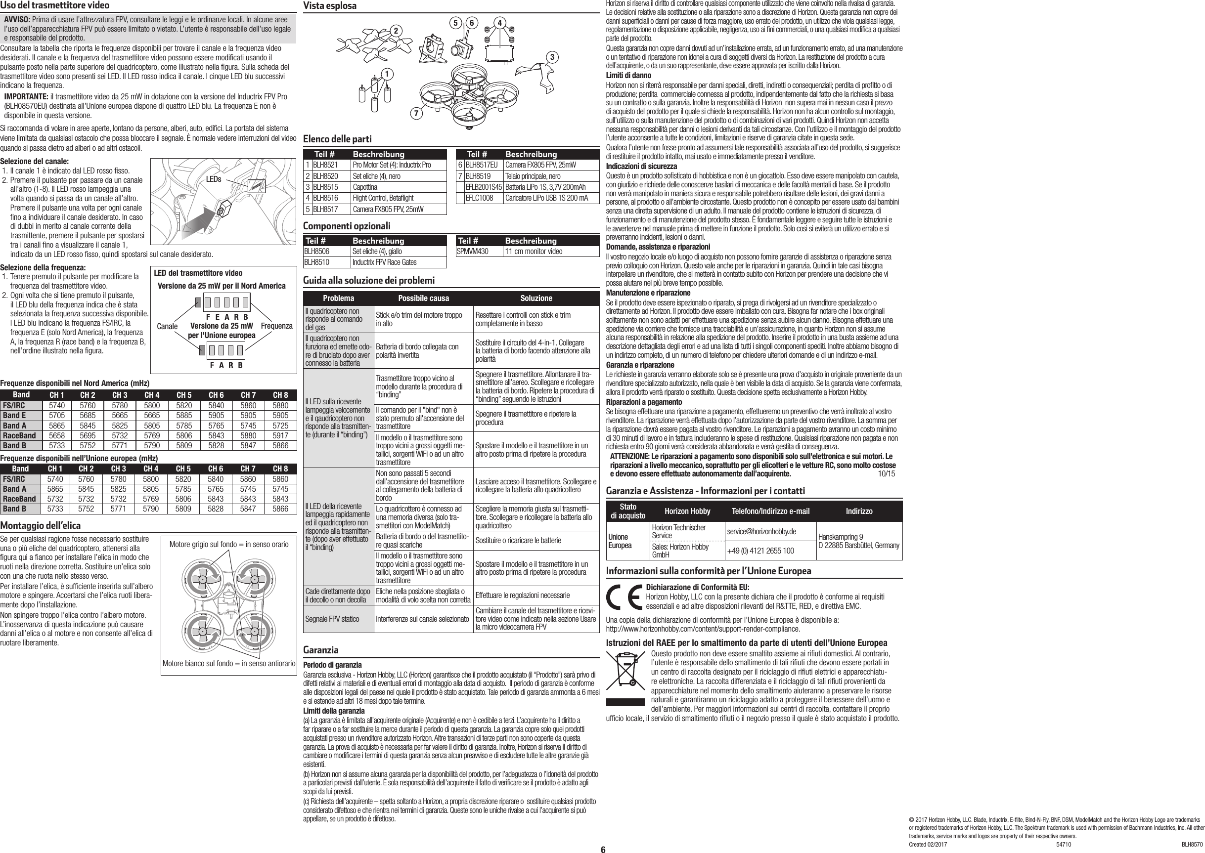6Istruzioni del RAEE per lo smaltimento da parte di utenti dell’Unione EuropeaQuesto prodotto non deve essere smaltito assieme ai ri uti domestici. Al contrario, l’utente è responsabile dello smaltimento di tali ri uti che devono essere portati in un centro di raccolta designato per il riciclaggio di ri uti elettrici e apparecchiatu-re elettroniche. La raccolta differenziata e il riciclaggio di tali ri uti provenienti da apparecchiature nel momento dello smaltimento aiuteranno a preservare le risorse naturali e garantiranno un riciclaggio adatto a proteggere il benessere dell’uomo e dell’ambiente. Per maggiori informazioni sui centri di raccolta, contattare il proprio uf cio locale, il servizio di smaltimento ri uti o il negozio presso il quale è stato acquistato il prodotto.Informazioni sulla conformità per l’Unione EuropeaDichiarazione di Conformità EU:Horizon Hobby, LLCcon la presente dichiara che il prodotto è conforme ai requisitiessenziali e ad altre disposizioni rilevanti del R&amp;TTE, RED, e direttiva EMC.Una copia della dichiarazione di conformità per l’Unione Europea è disponibile a:http://www.horizonhobby.com/content/support-render-compliance.Guida alla soluzione dei problemiProblema Possibile causa SoluzioneIl quadricoptero non risponde al comando del gasStick e/o trim del motore troppo in alto Resettare i controlli con stick e trimcompletamente in bassoIl quadricoptero non funziona ed emette odo-re di bruciato dopo aver connesso la batteriaBatteria di bordo collegata con polarità invertitaSostituire il circuito del 4-in-1. Collegare la batteria di bordo facendo attenzione alla polaritàll LED sulla ricevente lampeggia velocemente e il qaudricoptero non risponde alla trasmitten-te (durante il “binding”)Trasmettitore troppo vicino al modello durante la procedura di “binding”Spegnere il trasmettitore. Allontanare il tra-smettitore all’aereo. Scollegare e ricollegare la batteria di bordo. Ripetere la procedura di “binding” seguendo le istruzioniIl comando per il &quot;bind&quot; non è stato premuto all&apos;accensione del trasmettitoreSpegnere il trasmettitore e ripetere la proceduraIl modello o il trasmettitore sono troppo vicini a grossi oggetti me-tallici, sorgenti WiFi o ad un altro trasmettitoreSpostare il modello e il trasmettitore in un altro posto prima di ripetere la proceduraIl LED della ricevente lampeggia rapidamente ed il quadricoptero non risponde alla trasmitten-te (dopo aver effettuato il “binding)Non sono passati 5 secondi dall’accensione del trasmettitore al collegamento della batteria di bordoLasciare acceso il trasmettitore. Scollegare e ricollegare la batteria allo quadricotteroLo quadricottero è connesso ad una memoria diversa (solo tra-smettitori con ModelMatch)Scegliere la memoria giusta sul trasmetti-tore. Scollegare e ricollegare la batteria allo quadricotteroBatteria di bordo o del trasmettito-re quasi scariche Sostituire o ricaricare le batterieIl modello o il trasmettitore sono troppo vicini a grossi oggetti me-tallici, sorgenti WiFi o ad un altro trasmettitoreSpostare il modello e il trasmettitore in un altro posto prima di ripetere la proceduraCade direttamente dopo il decollo o non decolla Eliche nella posizione sbagliata o modalità di volo scelta non corretta Effettuare le regolazioni necessarieSegnale FPV statico Interferenze sul canale selezionato Cambiare il canale del trasmettitore e ricevi-tore video come indicato nella sezione Usare la micro videocamera FPVUso del trasmettitore videoAVVISO: Prima di usare l’attrezzatura FPV, consultare le leggi e le ordinanze locali. In alcune aree l’uso dell’apparecchiatura FPV può essere limitato o vietato. L’utente è responsabile dell’uso legale e responsabile del prodotto. Consultare la tabella che riporta le frequenze disponibili per trovare il canale e la frequenza video desiderati. Il canale e la frequenza del trasmettitore video possono essere modi cati usando il pulsante posto nella parte superiore del quadricoptero, come illustrato nella  gura. Sulla scheda del trasmettitore video sono presenti sei LED. Il LED rosso indica il canale. I cinque LED blu successivi indicano la frequenza.IMPORTANTE: il trasmettitore video da 25 mW in dotazione con la versione del Inductrix FPV Pro (BLH08570EU) destinata all’Unione europea dispone di quattro LED blu. La frequenza E non è disponibile in questa versione.Si raccomanda di volare in aree aperte, lontano da persone, alberi, auto, edi ci. La portata del sistema viene limitata da qualsiasi ostacolo che possa bloccare il segnale. È normale vedere interruzioni del video quando si passa dietro ad alberi o ad altri ostacoli.Selezione del canale:1. Il canale 1 è indicato dal LED rosso  sso.2. Premere il pulsante per passare da un canale all’altro (1-8). Il LED rosso lampeggia una volta quando si passa da un canale all’altro. Premere il pulsante una volta per ogni canale  no a individuare il canale desiderato. In caso di dubbi in merito al canale corrente della trasmittente, premere il pulsante per spostarsi tra i canali  no a visualizzare il canale 1, indicato da un LED rosso  sso, quindi spostarsi sul canale desiderato.Selezione della frequenza:1. Tenere premuto il pulsante per modi care la frequenza del trasmettitore video.2. Ogni volta che si tiene premuto il pulsante, il LED blu della frequenza indica che è stata selezionata la frequenza successiva disponibile. I LED blu indicano la frequenza FS/IRC, la frequenza E (solo Nord America), la frequenza A, la frequenza R (race band) e la frequenza B, nell’ordine illustrato nella  gura.LED del trasmettitore videoVersione da 25 mW per il Nord AmericaVersione da 25 mW per l&apos;Unione europeaCanale FrequenzaLEDsBand CH 1 CH 2  CH 3 CH 4 CH 5 CH 6 CH 7 CH 8FS/IRC 5740 5760 5780 5800 5820 5840 5860 5880Band E 5705 5685 5665 5665 5885 5905 5905 5905Band A 5865 5845 5825 5805 5785 5765 5745 5725RaceBand 5658 5695 5732 5769 5806 5843 5880 5917Band B 5733 5752 5771 5790 5809 5828 5847 5866Band CH 1 CH 2  CH 3 CH 4 CH 5 CH 6 CH 7 CH 8FS/IRC 5740 5760 5780 5800 5820 5840 5860 5860Band A 5865 5845 5825 5805 5785 5765 5745 5745RaceBand 5732 5732 5732 5769 5806 5843 5843 5843Band B 5733 5752 5771 5790 5809 5828 5847 5866Se per qualsiasi ragione fosse necessario sostituire una o più eliche del quadricoptero, attenersi alla  gura qui a  anco per installare l’elica in modo che ruoti nella direzione corretta. Sostituire un’elica solo con una che ruota nello stesso verso.Per installare l’elica, è suf ciente inserirla sull’albero motore e spingere. Accertarsi che l’elica ruoti libera-mente dopo l’installazione.Non spingere troppo l’elica contro l’albero motore. L’inosservanza di questa indicazione può causare danni all’elica o al motore e non consente all’elica di ruotare liberamente.Montaggio dell’elicaTeil # Beschreibung1BLH8521 Pro Motor Set (4): Inductrix Pro2BLH8520 Set eliche (4), nero3BLH8515 Capottina4BLH8516 Flight Control, Beta ight5BLH8517 Camera FX805 FPV, 25mWTeil # Beschreibung6BLH8517EU Camera FX805 FPV, 25mW7BLH8519 Telaio principale, neroEFLB2001S45Batteria LiPo 1S, 3,7V 200mAhEFLC1008 Caricatore LiPo USB 1S 200 mAElenco delle partiVista esplosaComponenti opzionaliTeil # BeschreibungBLH8506 Set eliche (4), gialloBLH8510 Inductrix FPV Race GatesTeil # BeschreibungSPMVM430 11 cm monitor video13756 42GaranziaPeriodo di garanziaGaranzia esclusiva - Horizon Hobby, LLC (Horizon) garantisce che il prodotto acquistato (il “Prodotto”) sarà privo di difetti relativi ai materiali e di eventuali errori di montaggio alla data di acquisto.  Il periodo di garanzia è conforme alle disposizioni legali del paese nel quale il prodotto è stato acquistato. Tale periodo di garanzia ammonta a 6 mesi e si estende ad altri 18 mesi dopo tale termine.Limiti della garanzia(a) La garanzia è limitata all’acquirente originale (Acquirente) e non è cedibile a terzi. L’acquirente ha il diritto a far riparare o a far sostituire la merce durante il periodo di questa garanzia. La garanzia copre solo quei prodotti acquistati presso un rivenditore autorizzato Horizon. Altre transazioni di terze parti non sono coperte da questa garanzia. La prova di acquisto è necessaria per far valere il diritto di garanzia. Inoltre, Horizon si riserva il diritto di cambiare o modi care i termini di questa garanzia senza alcun preavviso e di escludere tutte le altre garanzie già esistenti.(b) Horizon non si assume alcuna garanzia per la disponibilità del prodotto, per l’adeguatezza o l’idoneità del prodotto a particolari previsti dall’utente. È sola responsabilità dell’acquirente il fatto di veri care se il prodotto è adatto agli scopi da lui previsti.(c) Richiesta dell’acquirente – spetta soltanto a Horizon, a propria discrezione riparare o  sostituire qualsiasi prodotto considerato difettoso e che rientra nei termini di garanzia. Queste sono le uniche rivalse a cui l’acquirente si può appellare, se un prodotto è difettoso.Horizon si riserva il diritto di controllare qualsiasi componente utilizzato che viene coinvolto nella rivalsa di garanzia. Le decisioni relative alla sostituzione o alla riparazione sono a discrezione di Horizon. Questa garanzia non copre dei danni super ciali o danni per cause di forza maggiore, uso errato del prodotto, un utilizzo che viola qualsiasi legge, regolamentazione o disposizione applicabile, negligenza, uso ai  ni commerciali, o una qualsiasi modi ca a qualsiasi parte del prodotto.Questa garanzia non copre danni dovuti ad un’installazione errata, ad un funzionamento errato, ad una manutenzione o un tentativo di riparazione non idonei a cura di soggetti diversi da Horizon. La restituzione del prodotto a cura dell’acquirente, o da un suo rappresentante, deve essere approvata per iscritto dalla Horizon.Limiti di dannoHorizon non si riterrà responsabile per danni speciali, diretti, indiretti o consequenziali; perdita di pro tto o di produzione; perdita  commerciale connessa al prodotto, indipendentemente dal fatto che la richiesta si basa su un contratto o sulla garanzia. Inoltre la responsabilità di Horizon  non supera mai in nessun caso il prezzo di acquisto del prodotto per il quale si chiede la responsabilità. Horizon non ha alcun controllo sul montaggio, sull’utilizzo o sulla manutenzione del prodotto o di combinazioni di vari prodotti. Quindi Horizon non accetta nessuna responsabilità per danni o lesioni derivanti da tali circostanze. Con l’utilizzo e il montaggio del prodotto l’utente acconsente a tutte le condizioni, limitazioni e riserve di garanzia citate in questa sede. Qualora l’utente non fosse pronto ad assumersi tale responsabilità associata all’uso del prodotto, si suggerisce di restituire il prodotto intatto, mai usato e immediatamente presso il venditore. Indicazioni di sicurezzaQuesto è un prodotto so sticato di hobbistica e non è un giocattolo. Esso deve essere manipolato con cautela, con giudizio e richiede delle conoscenze basilari di meccanica e delle facoltà mentali di base. Se il prodotto non verrà manipolato in maniera sicura e responsabile potrebbero risultare delle lesioni, dei gravi danni a persone, al prodotto o all’ambiente circostante. Questo prodotto non è concepito per essere usato dai bambini senza una diretta supervisione di un adulto. Il manuale del prodotto contiene le istruzioni di sicurezza, di funzionamento e di manutenzione del prodotto stesso. È fondamentale leggere e seguire tutte le istruzioni e le avvertenze nel manuale prima di mettere in funzione il prodotto. Solo così si eviterà un utilizzo errato e si preverranno incidenti, lesioni o danni.Domande, assistenza e riparazioniIl vostro negozio locale e/o luogo di acquisto non possono fornire garanzie di assistenza o riparazione senza previo colloquio con Horizon. Questo vale anche per le riparazioni in garanzia. Quindi in tale casi bisogna interpellare un rivenditore, che si metterà in contatto subito con Horizon per prendere una decisione che vi possa aiutare nel più breve tempo possibile.Manutenzione e riparazioneSe il prodotto deve essere ispezionato o riparato, si prega di rivolgersi ad un rivenditore specializzato o direttamente ad Horizon. Il prodotto deve essere imballato con cura. Bisogna far notare che i box originali solitamente non sono adatti per effettuare una spedizione senza subire alcun danno. Bisogna effettuare una spedizione via corriere che fornisce una tracciabilità e un’assicurazione, in quanto Horizon non si assume alcuna responsabilità in relazione alla spedizione del prodotto. Inserire il prodotto in una busta assieme ad una descrizione dettagliata degli errori e ad una lista di tutti i singoli componenti spediti. Inoltre abbiamo bisogno di un indirizzo completo, di un numero di telefono per chiedere ulteriori domande e di un indirizzo e-mail.Garanzia e riparazioneLe richieste in garanzia verranno elaborate solo se è presente una prova d’acquisto in originale proveniente da un rivenditore specializzato autorizzato, nella quale è ben visibile la data di acquisto. Se la garanzia viene confermata, allora il prodotto verrà riparato o sostituito. Questa decisione spetta esclusivamente a Horizon Hobby. Riparazioni a pagamentoSe bisogna effettuare una riparazione a pagamento, effettueremo un preventivo che verrà inoltrato al vostro rivenditore. La riparazione verrà effettuata dopo l’autorizzazione da parte del vostro rivenditore. La somma per la riparazione dovrà essere pagata al vostro rivenditore. Le riparazioni a pagamento avranno un costo minimo di 30 minuti di lavoro e in fattura includeranno le spese di restituzione. Qualsiasi riparazione non pagata e non richiesta entro 90 giorni verrà considerata abbandonata e verrà gestita di conseguenza.ATTENZIONE: Le riparazioni a pagamento sono disponibili solo sull’elettronica e sui motori. Le riparazioni a livello meccanico, soprattutto per gli elicotteri e le vetture RC, sono molto costose e devono essere effettuate autonomamente dall’acquirente.  10/15Garanzia e Assistenza - Informazioni per i contattiStatodi acquisto Horizon Hobby Telefono/Indirizzo e-mail IndirizzoUnioneEuropeaHorizon Technischer Service service@horizonhobby.de Hanskampring 9D 22885 Barsbüttel, GermanySales: Horizon Hobby GmbH +49 (0) 4121 2655 100Motore grigio sul fondo = in senso orarioMotore bianco sul fondo = in senso antiorario© 2017 Horizon Hobby, LLC. Blade, Inductrix, E- ite, Bind-N-Fly, BNF, DSM, ModelMatch and the Horizon Hobby Logo are trademarks or registered trademarks of Horizon Hobby, LLC. The Spektrum trademark is used with permission of Bachmann Industries, Inc. All other trademarks, service marks and logos are property of their respective owners.Created 02/2017  54710  BLH8570Frequenze disponibili nel Nord America (mHz)Frequenze disponibili nell’Unione europea (mHz)