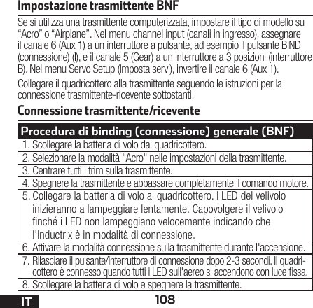 108ITConnessione trasmittente/riceventeImpostazione trasmittente BNFSe si utilizza una trasmittente computerizzata, impostare il tipo di modello su “Acro” o “Airplane”. Nel menu channel input (canali in ingresso), assegnare il canale 6 (Aux 1) a un interruttore a pulsante, ad esempio il pulsante BIND (connessione) (I), e il canale 5 (Gear) a un interruttore a 3 posizioni (interruttore B). Nel menu Servo Setup (Imposta servi), invertire il canale 6 (Aux 1).Collegare il quadricottero alla trasmittente seguendo le istruzioni per la connessione trasmittente-ricevente sottostanti.Procedura di binding (connessione) generale (BNF)1. Scollegare la batteria di volo dal quadricottero.2. Selezionare la modalità &quot;Acro&quot; nelle impostazioni della trasmittente.3. Centrare tutti i trim sulla trasmittente.4. Spegnere la trasmittente e abbassare completamente il comando motore.5. Collegare la batteria di volo al quadricottero. I LED del velivolo inizieranno a lampeggiare lentamente. Capovolgere il velivolo nché i LED non lampeggiano velocemente indicando che l’Inductrix è in modalità di connessione.6. Attivare la modalità connessione sulla trasmittente durante l&apos;accensione.7. Rilasciare il pulsante/interruttore di connessione dopo 2-3 secondi. Il quadri-cottero è connesso quando tutti i LED sull&apos;aereo si accendono con luce ssa.8. Scollegare la batteria di volo e spegnere la trasmittente.