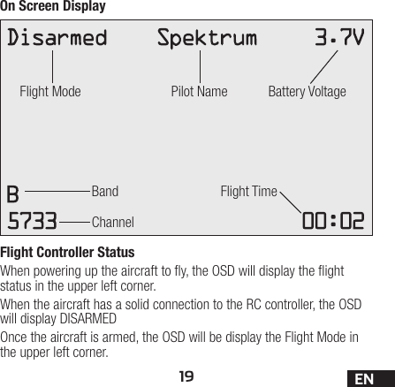 19 ENOn Screen DisplayFlight ModeBand Flight TimeChannelPilot Name Battery VoltageFlight Controller StatusWhen powering up the aircraft to y, the OSD will display the ight status in the upper left corner. When the aircraft has a solid connection to the RC controller, the OSD will display DISARMEDOnce the aircraft is armed, the OSD will be display the Flight Mode in the upper left corner. 