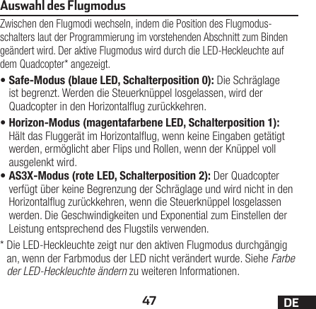 47 DEAuswahl des FlugmodusZwischen den Flugmodi wechseln, indem die Position des Flugmodus-schalters laut der Programmierung im vorstehenden Abschnitt zum Binden geändert wird. Der aktive Flugmodus wird durch die LED-Heckleuchte auf dem Quadcopter* angezeigt.•Safe-Modus (blaue LED, Schalterposition 0): Die Schräglage ist begrenzt. Werden die Steuerknüppel losgelassen, wird der Quadcopter in den Horizontalug zurückkehren.•Horizon-Modus (magentafarbene LED, Schalterposition 1): Hält das Fluggerät im Horizontalug, wenn keine Eingaben getätigt werden, ermöglicht aber Flips und Rollen, wenn der Knüppel voll ausgelenkt wird.•AS3X-Modus (rote LED, Schalterposition 2): Der Quadcopter verfügt über keine Begrenzung der Schräglage und wird nicht in den Horizontalug zurückkehren, wenn die Steuerknüppel losgelassen werden. Die Geschwindigkeiten und Exponential zum Einstellen der Leistung entsprechend des Flugstils verwenden.*  Die LED-Heckleuchte zeigt nur den aktiven Flugmodus durchgängig an, wenn der Farbmodus der LED nicht verändert wurde. Siehe Farbe der LED-Heckleuchte ändern zu weiteren Informationen.