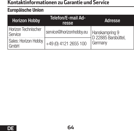 64DEKontaktinformationen zu Garantie und ServiceEuropäische UnionHorizon Hobby Telefon/E-mail Ad-resse AdresseHorizon Technischer Service service@horizonhobby.eu Hanskampring 9 D 22885 Barsbüttel, GermanySales: Horizon Hobby GmbH +49 (0) 4121 2655 100