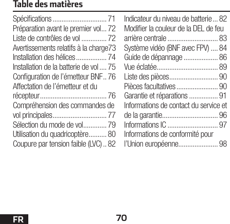 70FRTable des matièresSpécications .............................. 71Préparation avant le premier vol ... 72Liste de contrôles de vol .............. 72Avertissements relatifs à la charge 73Installation des hélices ................. 74Installation de la batterie de vol .... 75Conguration de l’émetteur BNF .. 76Affectation de l’émetteur et du récepteur ..................................... 76Compréhension des commandes de vol principales .............................. 77Sélection du mode de vol ............. 79Utilisation du quadricoptère .......... 80Coupure par tension faible (LVC) .. 82Indicateur du niveau de batterie ... 82Modier la couleur de la DEL de feu arrière centrale ............................ 83Système vidéo (BNF avec FPV) .... 84Guide de dépannage ................... 86Vue éclatée ..................................89Liste des pièces ........................... 90Pièces facultatives ....................... 90Garantie et réparations ................ 91Informations de contact du service et de la garantie ............................... 96Informations IC ............................ 97Informations de conformité pour l’Unioneuropéenne...................... 98