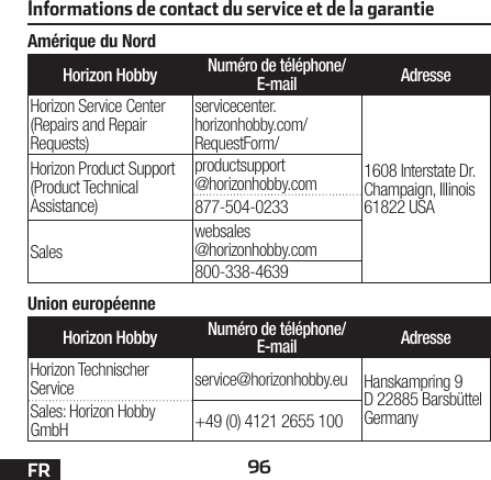 96FRInformations de contact du service et de la garantieHorizon HobbyNuméro de téléphone/ E-mail AdresseHorizon Service Center(Repairs and Repair Requests)servicecenter. horizonhobby.com/ RequestForm/1608 Interstate Dr. Champaign, Illinois 61822 USAHorizon Product Support(Product Technical Assistance)productsupport @horizonhobby.com877-504-0233Saleswebsales @horizonhobby.com800-338-4639Amérique du NordUnion européenneHorizon HobbyNuméro de téléphone/ E-mail AdresseHorizon Technischer Service service@horizonhobby.eu Hanskampring 9 D 22885 Barsbüttel GermanySales: Horizon Hobby GmbH +49 (0) 4121 2655 100