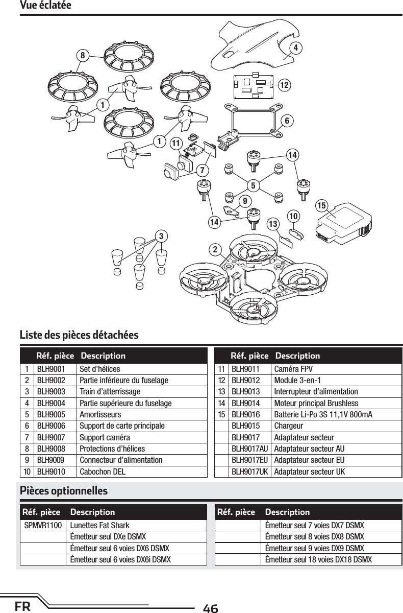 46FR182159536121013141411741Vue éclatéeListe des pièces détachéesRéf. pièce DescriptionSPMVR1100 Lunettes Fat SharkÉmetteur seul DXe DSMXÉmetteur seul 6 voies DX6 DSMXÉmetteur seul 6 voies DX6i DSMXRéf. pièce DescriptionÉmetteur seul 7 voies DX7 DSMXÉmetteur seul 8 voies DX8 DSMXÉmetteur seul 9 voies DX9 DSMXÉmetteur seul 18 voies DX18 DSMXPièces optionnellesRéf. pièce Description1 BLH9001 Set d’hélices2 BLH9002 Partie inférieure du fuselage3 BLH9003 Train d’atterrissage4 BLH9004 Partie supérieure du fuselage5 BLH9005 Amortisseurs6 BLH9006 Support de carte principale7 BLH9007 Support caméra8 BLH9008 Protections d’hélices9 BLH9009 Connecteur d’alimentation10 BLH9010 Cabochon DELRéf. pièce Description11 BLH9011 Caméra FPV12 BLH9012 Module 3-en-113 BLH9013 Interrupteur d’alimentation14 BLH9014 Moteur principal Brushless15 BLH9016 Batterie Li-Po 3S 11,1V 800mABLH9015 ChargeurBLH9017 Adaptateur secteurBLH9017AU Adaptateur secteur AUBLH9017EU Adaptateur secteur EUBLH9017UK Adaptateur secteur UK 