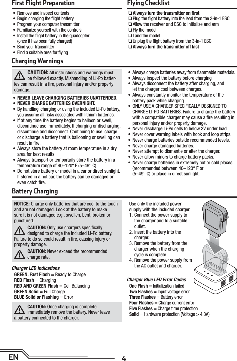 4ENCharging WarningsBattery ChargingFirst Flight Preparation•  Remove and inspect contents•  Begin charging the ﬂ ight battery•  Program your computer transmitter•  Familiarize yourself with the controls•   Install the ﬂ ight battery in the quadcopter (once it has been fully charged)•  Bind your transmitter•  Find a suitable area for ﬂ yingFlying Checklist RAlways turn the transmitter on ﬁ rst R Plug the ﬂ ight battery into the lead from the 3-in-1 ESC R Allow  the  receiver and ESC to initialize and arm RFly the model RLand the model R Unplug the ﬂ ight battery from the 3-in-1 ESC RAlways turn the transmitter off lastNOTICE: Charge only batteries that are cool to the touch and are not damaged. Look at the battery to make sure it is not damaged e.g., swollen, bent, broken or punctured. CAUTION: Only use chargers speciﬁ cally designed to charge the included Li-Po battery. Failure to do so could result in ﬁ re, causing injury or property damage.CAUTION: Never exceed the recommended charge rate.Charger LED IndicationsGREEN, Fast Flash = Ready to ChargeRED Flash = ChargingRED AND GREEN Flash = Cell BalancingGREEN Solid = Full ChargeBLUE Solid or Flashing = ErrorCAUTION: Once charging is complete,immediately remove the battery. Never leavea battery connected to the charger.Use only the included powersupply with the included charger.1. Connect the power supply to the charger and to a suitable outlet.2. Insert the battery into the charger. 3. Remove the battery from the charger when the charging cycle is complete.4. Remove the power supply from the AC outlet and charger.Charger Blue LED Error CodesOne Flash = Initialization failedTwo Flashes = Input voltage errorThree Flashes = Battery errorFour Flashes = Charge current errorFive Flashes = Charge time protectionSolid = Hardware protection (Voltage &gt; 4.3V)CAUTION: All instructions and warnings must be followed exactly. Mishandling of Li-Po batter-ies can result in a ﬁ re, personal injury and/or property damage.• NEVER LEAVE CHARGING BATTERIES UNATTENDED.• NEVER CHARGE BATTERIES OVERNIGHT.•  By handling, charging or using the included Li-Po battery, you assume all risks associated with lithium batteries.• If at any time the battery begins to balloon or swell, discontinue use immediately. If charging or discharging, discontinue and disconnect. Continuing to use, charge or discharge a battery that is ballooning or swelling can result in ﬁ re.• Always store the battery at room temperature in a dry area for best results.• Always transport or temporarily store the battery in a temperature range of 40–120º F (5–49° C).• Do not store battery or model in a car or direct sunlight. If stored in a hot car, the battery can be damaged or even catch ﬁ re.•  Always charge batteries away from ﬂ ammable materials.• Always inspect the battery before charging• Always disconnect the battery after charging, andlet the charger cool between charges.• Always constantly monitor the temperature of thebattery pack while charging.• ONLY USE A CHARGER SPECIFICALLY DESIGNED TO CHARGE LI-PO BATTERIES. Failure to charge the battery with a compatible charger may cause a ﬁ re resulting in personal injury and/or property damage.• Never discharge Li-Po cells to below 3V under load.• Never cover warning labels with hook and loop strips.• Never charge batteries outside recommended levels.• Never charge damaged batteries.• Never attempt to dismantle or alter the charger.• Never allow minors to charge battery packs.• Never charge batteries in extremely hot or cold places (recommended between 40–120° F or(5–49° C) or place in direct sunlight.